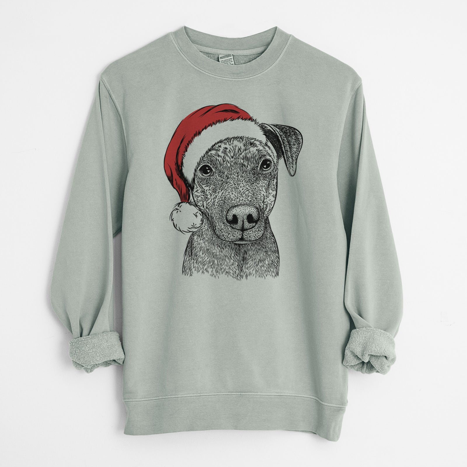 Hand-drawn sketch of Reeses the Pitbull wearing a Santa hat on a Sage Unisex pigment dyed crew sweatshirt