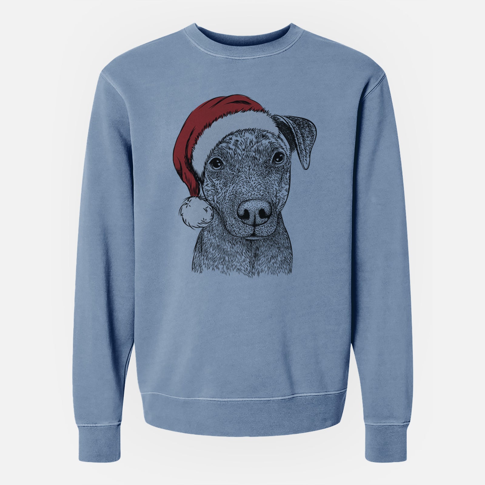 Hand-drawn sketch of Reeses the Pitbull wearing a Santa hat on a Slate Blue Unisex pigment dyed crew sweatshirt