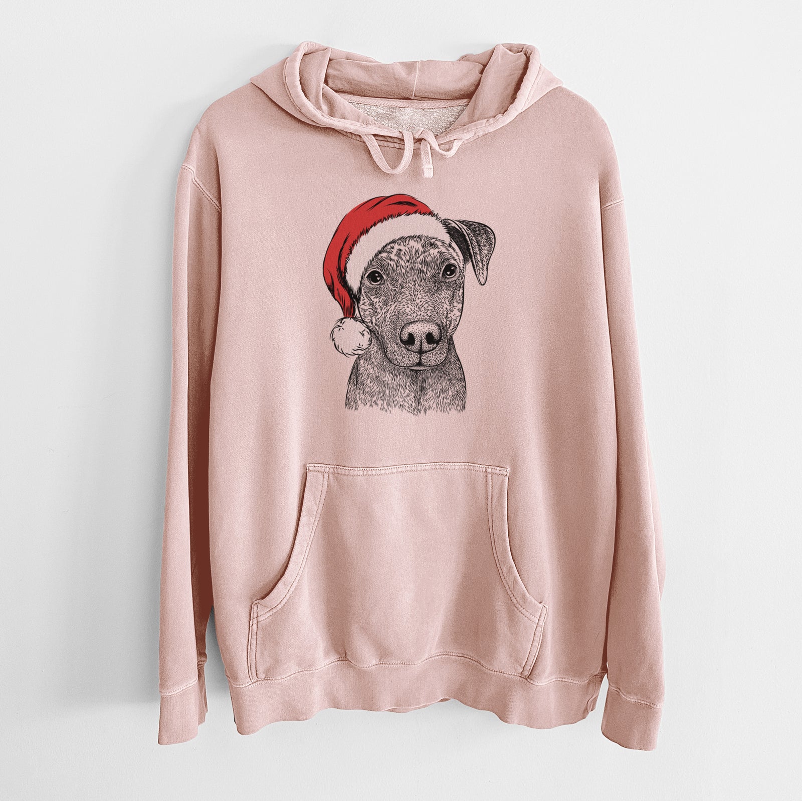 Hand-drawn sketch of Reeses the Pitbull wearing a Santa hat on a Dusty Pink Unisex pigment dyed hoodie