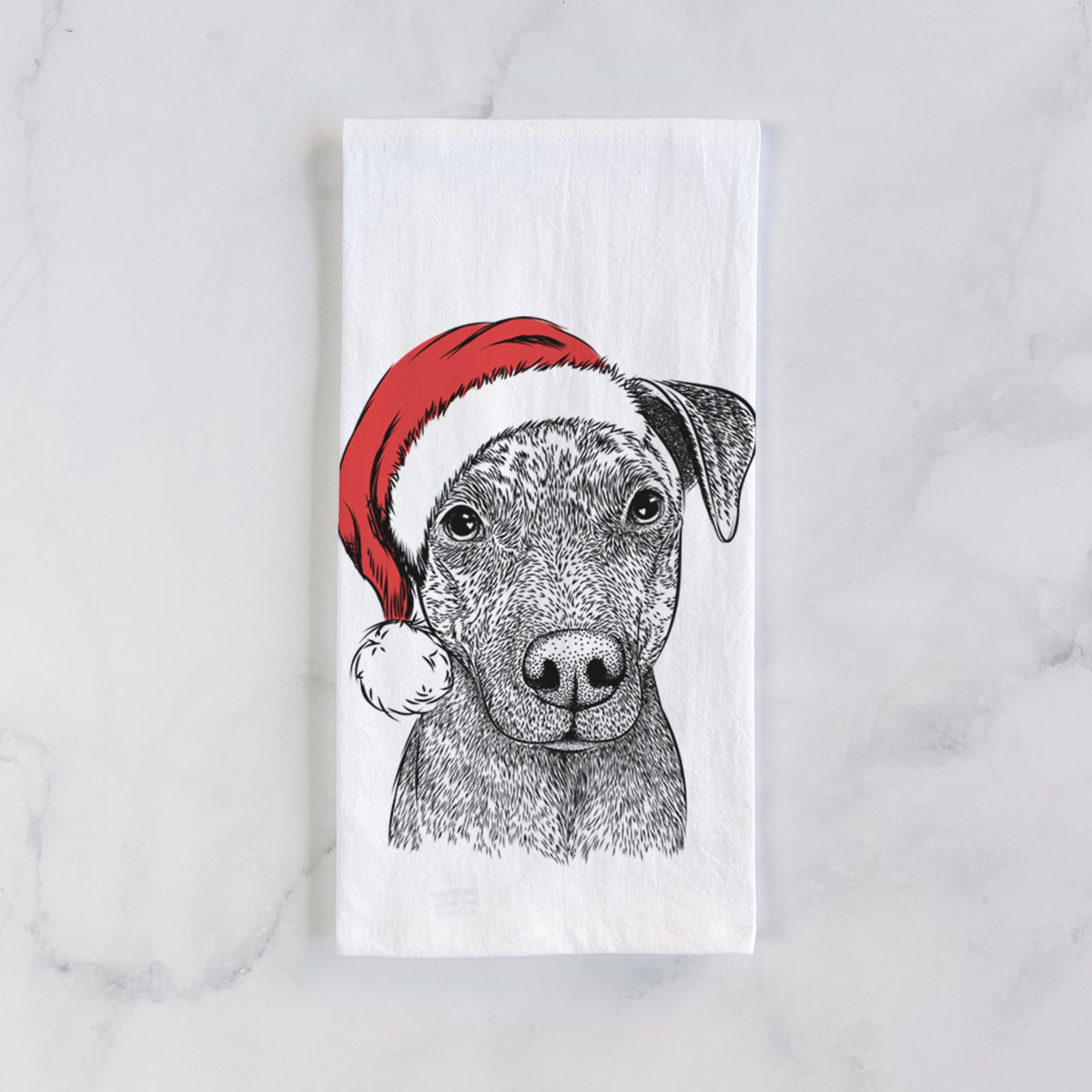 Hand-drawn sketch of Reeses the Pitbull wearing a Santa hat on a tea towel