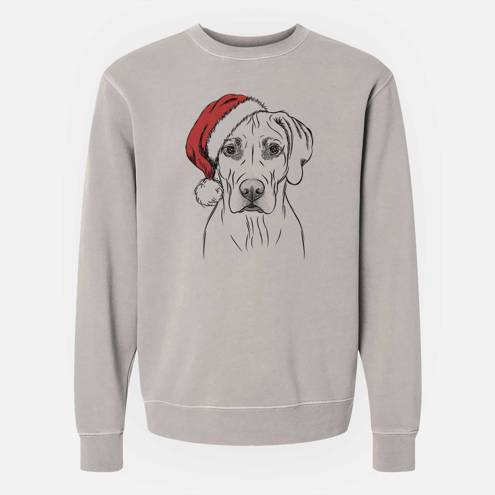Hand-drawn sketch of Reid the Rhodesian Ridgeback wearing a Santa hat on a Cement Unisex pigment dyed crew sweatshirt