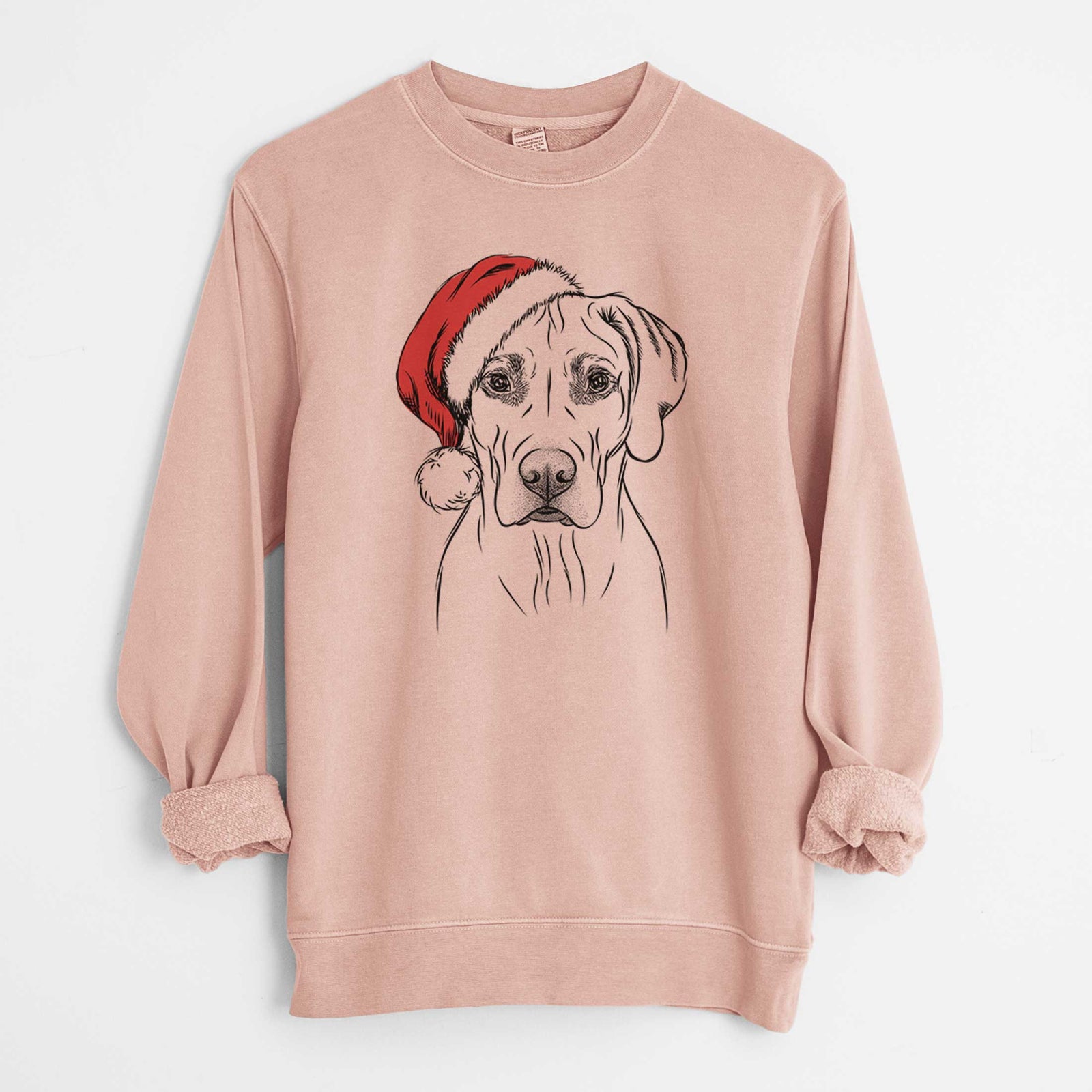 Hand-drawn sketch of Reid the Rhodesian Ridgeback wearing a Santa hat on a Dusty Pink Unisex pigment dyed crew sweatshirt