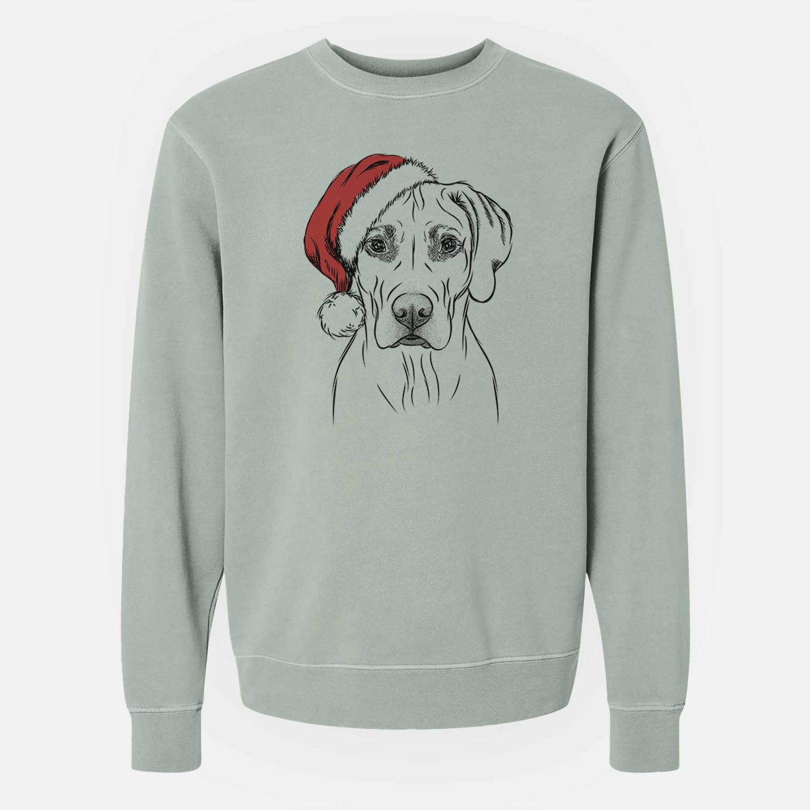 Hand-drawn sketch of Reid the Rhodesian Ridgeback wearing a Santa hat on a Sage Unisex pigment dyed crew sweatshirt
