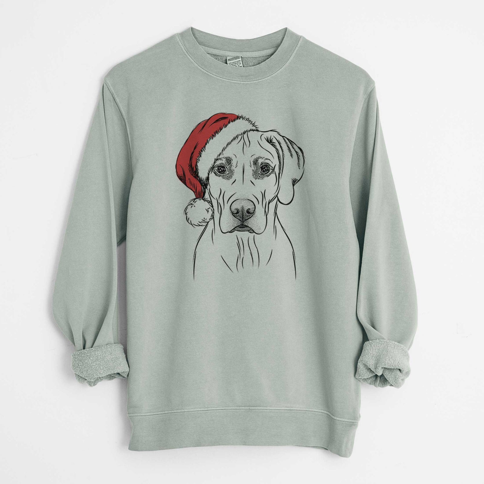 Hand-drawn sketch of Reid the Rhodesian Ridgeback wearing a Santa hat on a Sage Unisex pigment dyed crew sweatshirt