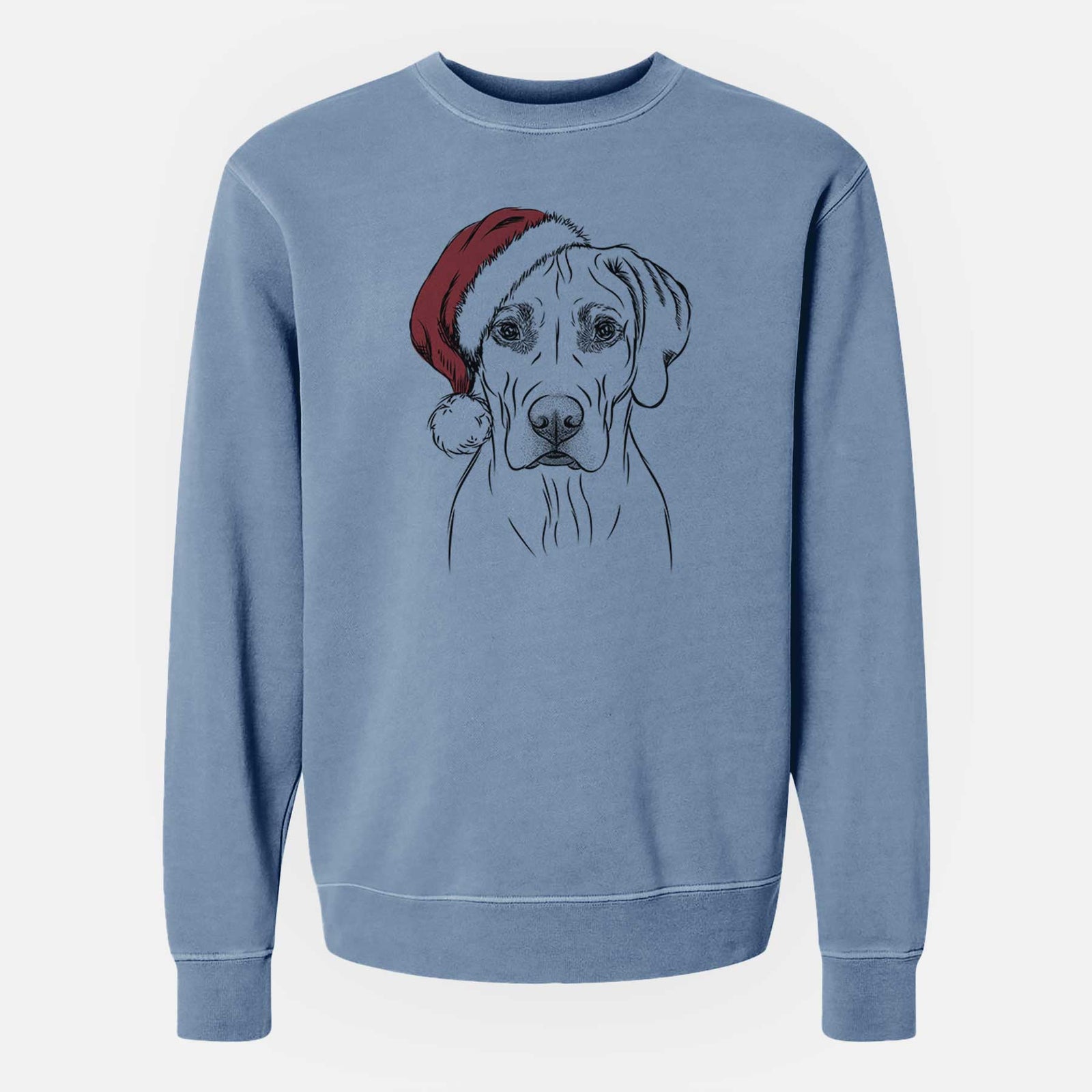 Hand-drawn sketch of Reid the Rhodesian Ridgeback wearing a Santa hat on a Slate Blue Unisex pigment dyed crew sweatshirt