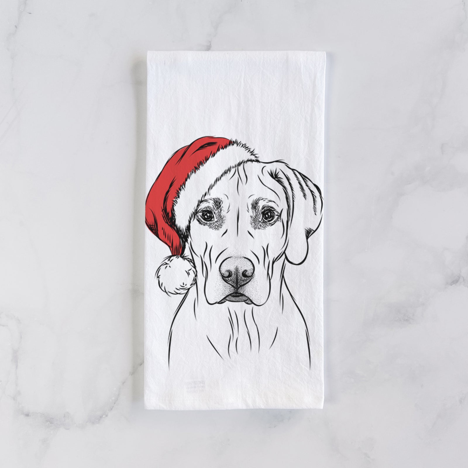 Hand-drawn sketch of Reid the Rhodesian Ridgeback wearing a Santa hat on a tea towel