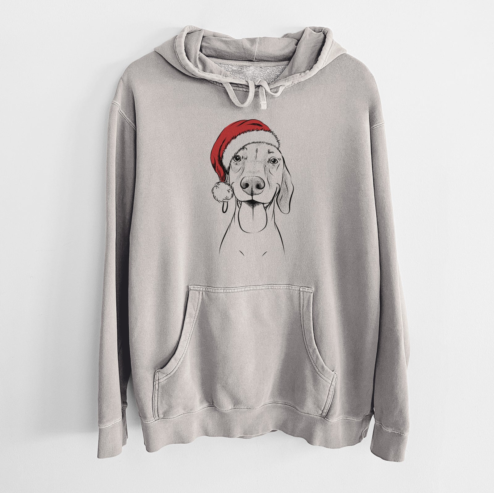 Hand-drawn sketch of Remington the Vizsla wearing a Santa hat on a Cement Unisex pigment dyed hoodie