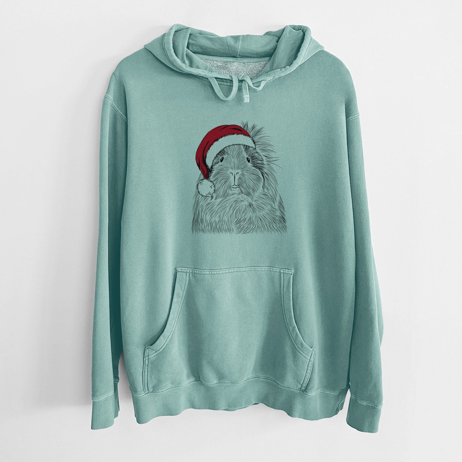Hand-drawn sketch of Rhino the Guinea Pig wearing a Santa hat on a Mint Unisex pigment dyed hoodie