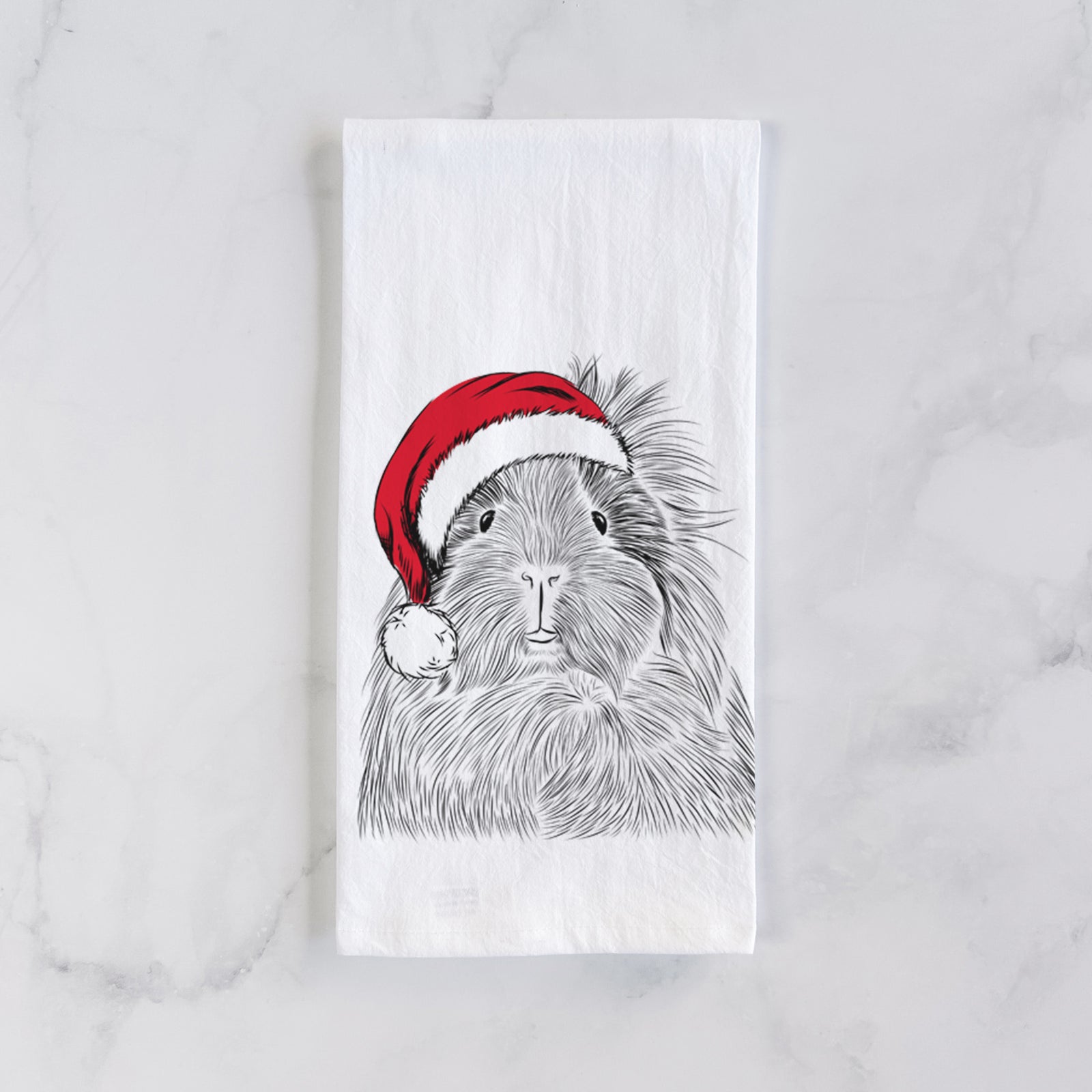 Hand-drawn sketch of Rhino the Guinea Pig wearing a Santa hat on a tea towel