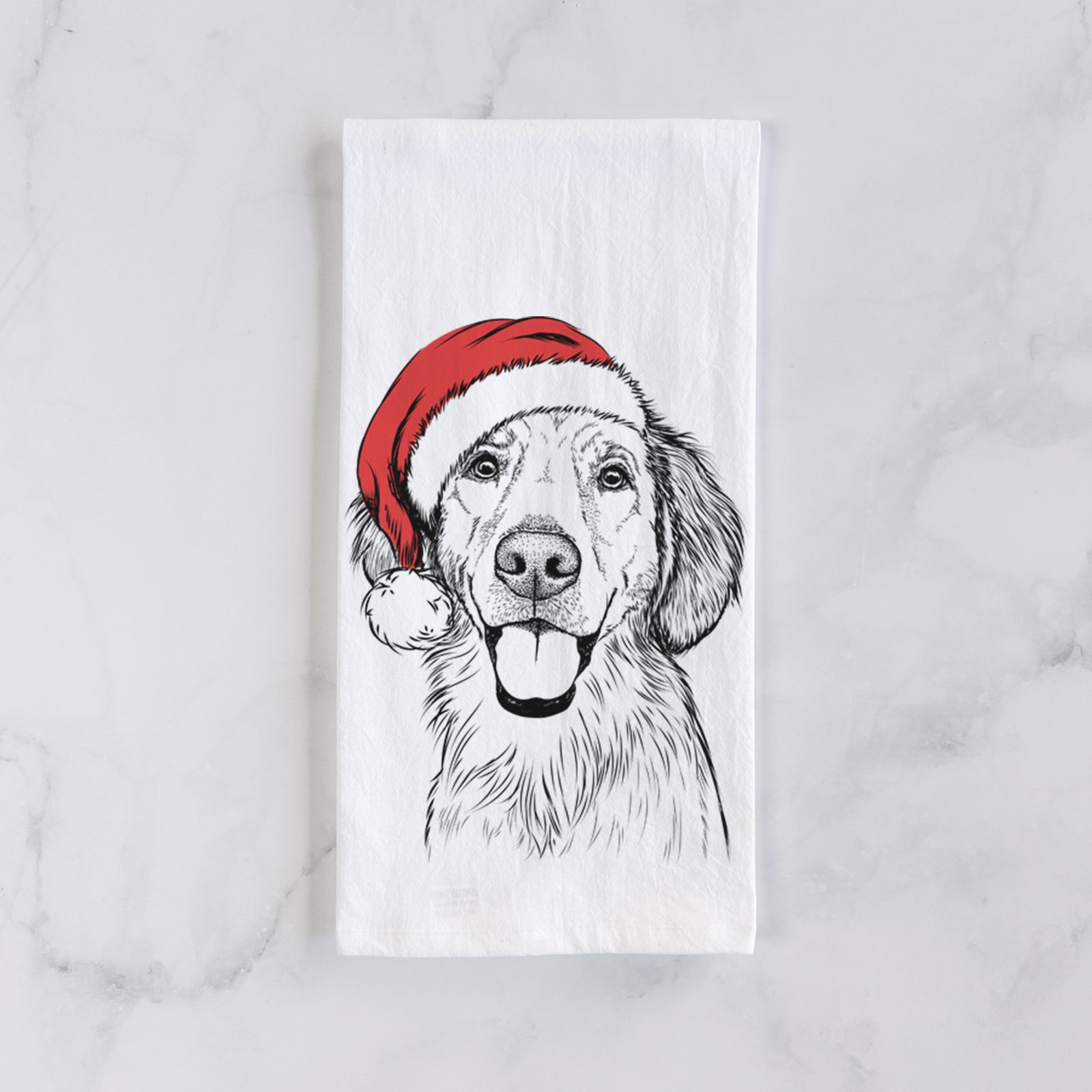 Hand-drawn sketch of Riley the Golden Retriever wearing a Santa hat on a tea towel