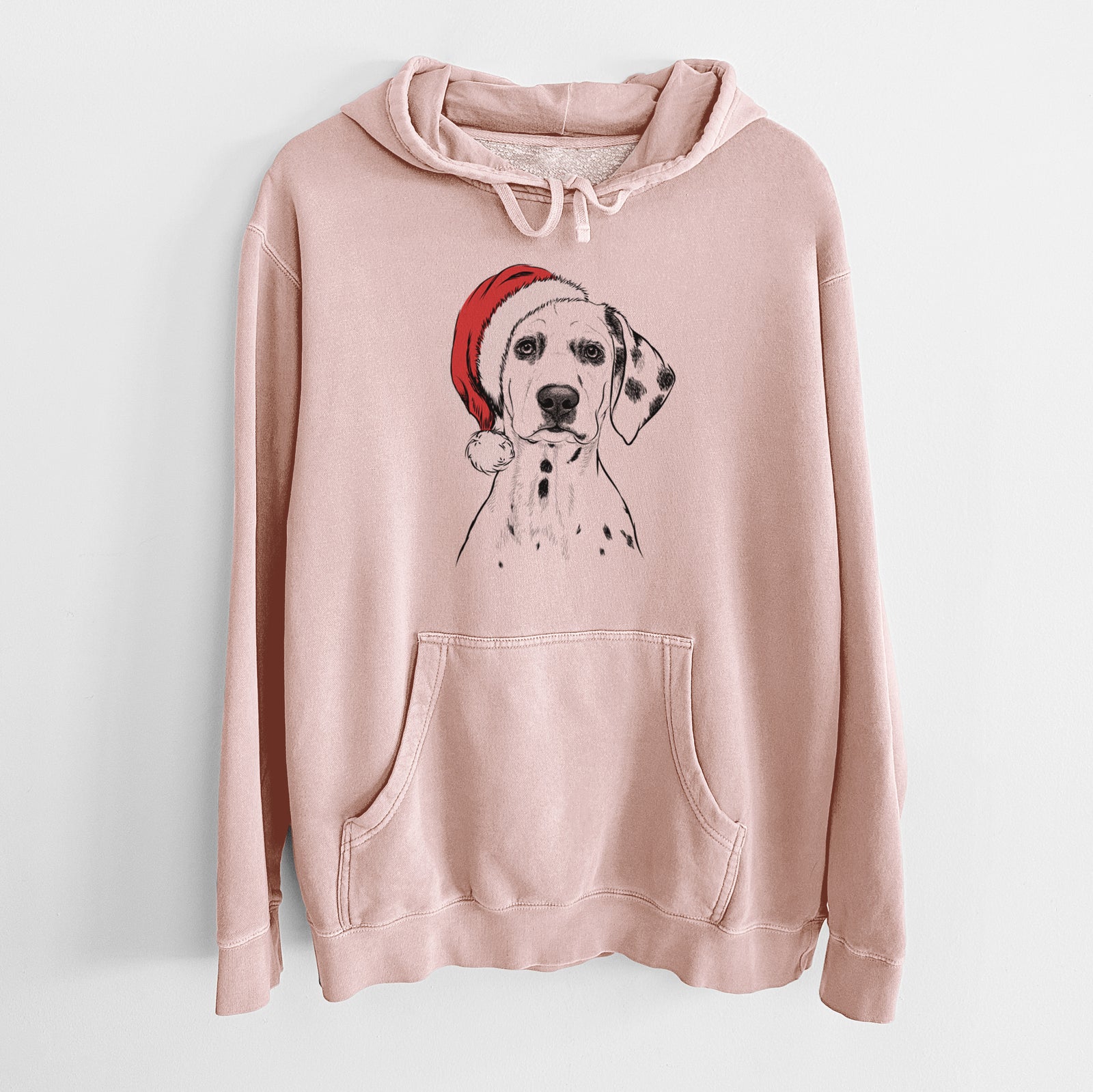 Hand-drawn sketch of Riot the Dalmatian wearing a Santa hat on a Dusty Pink Unisex pigment dyed hoodie