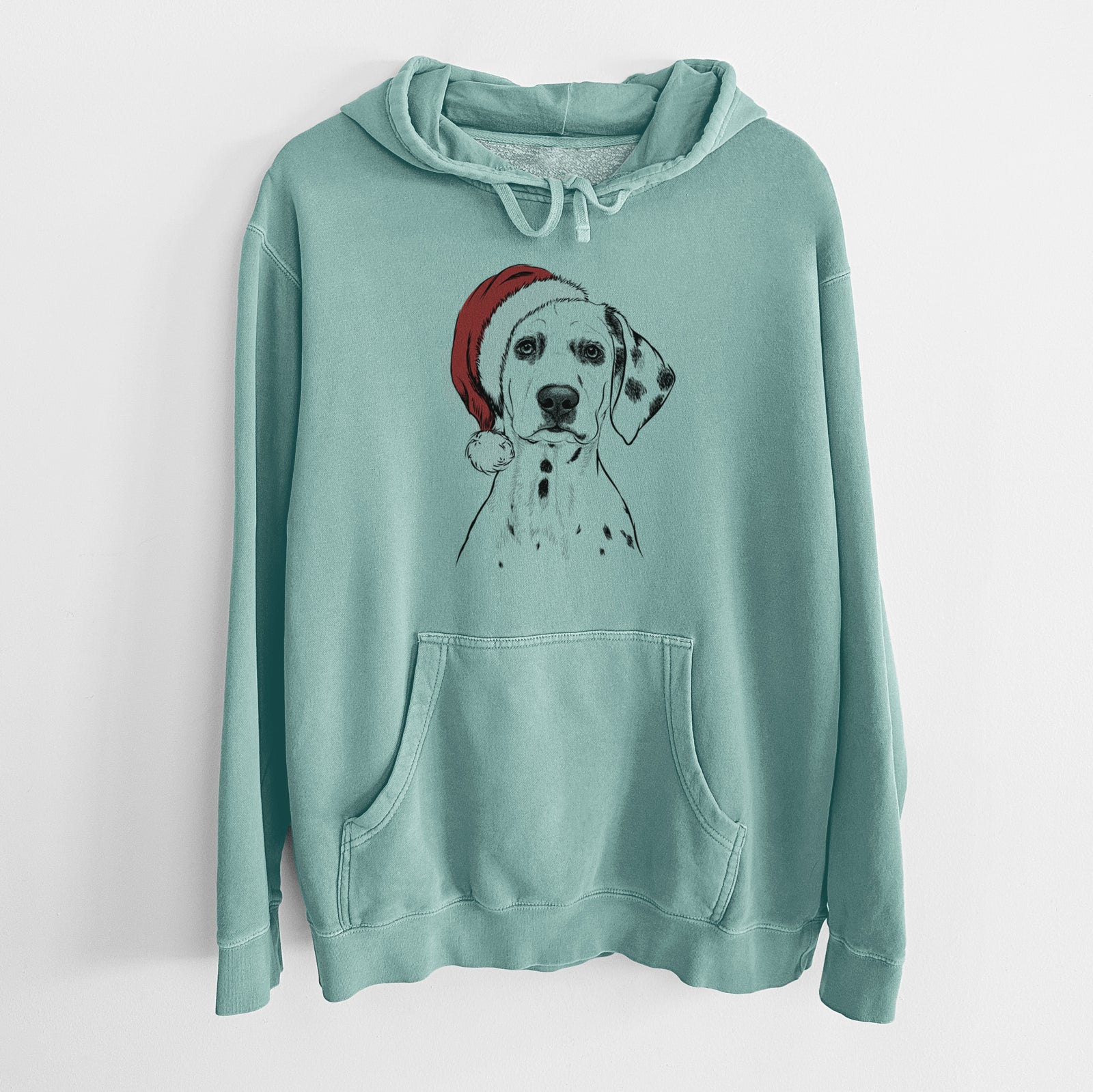 Hand-drawn sketch of Riot the Dalmatian wearing a Santa hat on a Mint Unisex pigment dyed hoodie