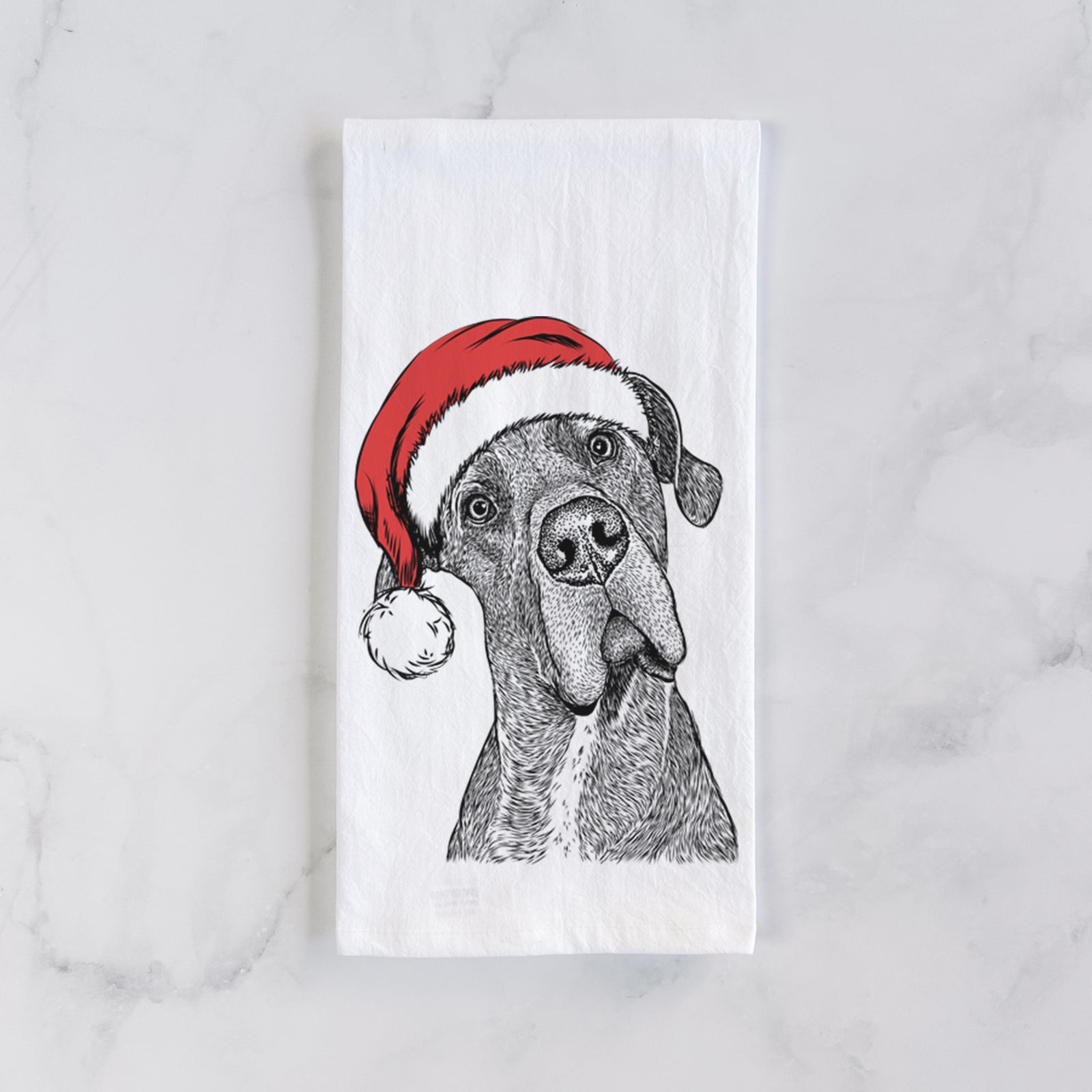 Hand-drawn sketch of River the Great Dane wearing a Santa hat on a tea towel