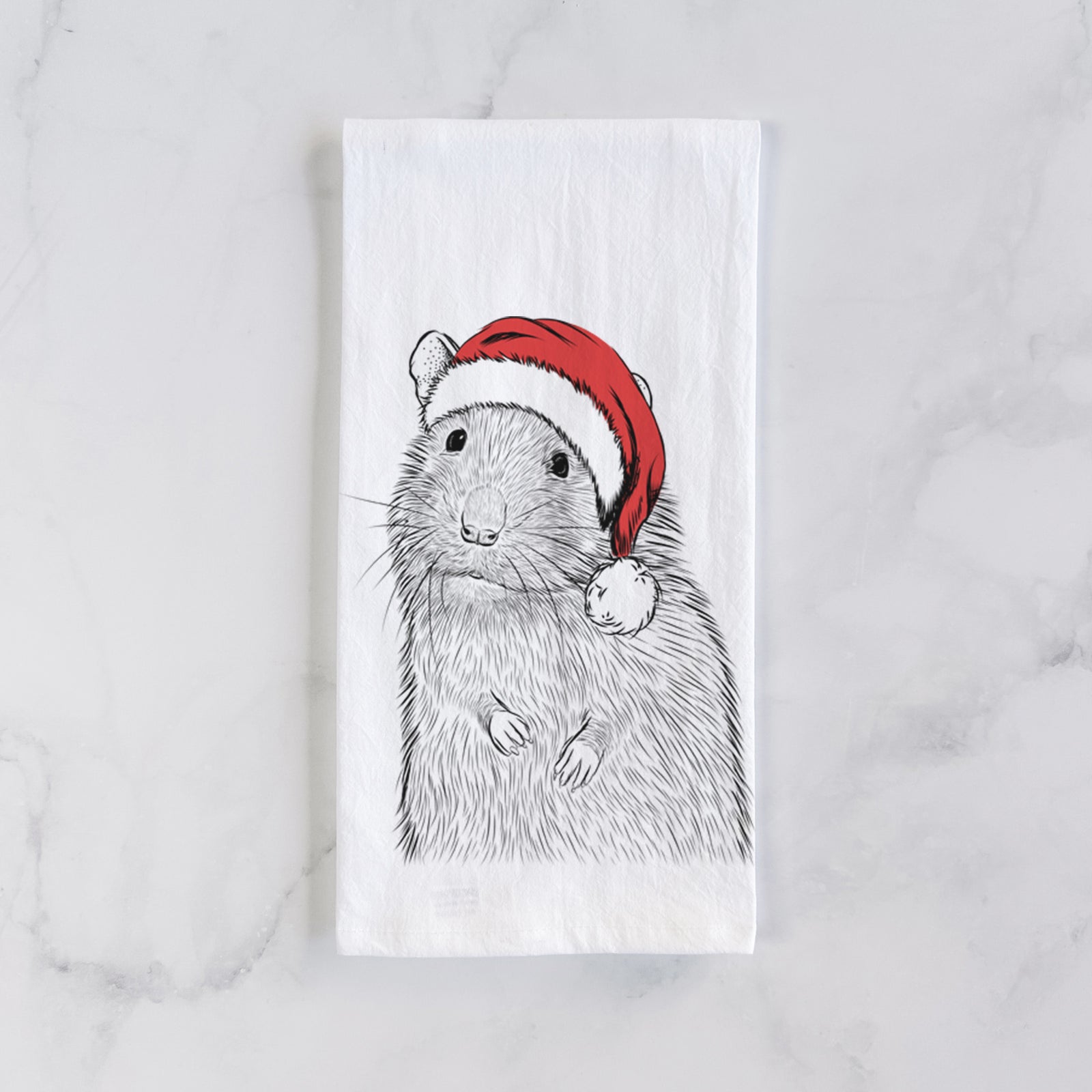 Hand-drawn sketch of Rizzo the Rat wearing a Santa hat on a tea towel