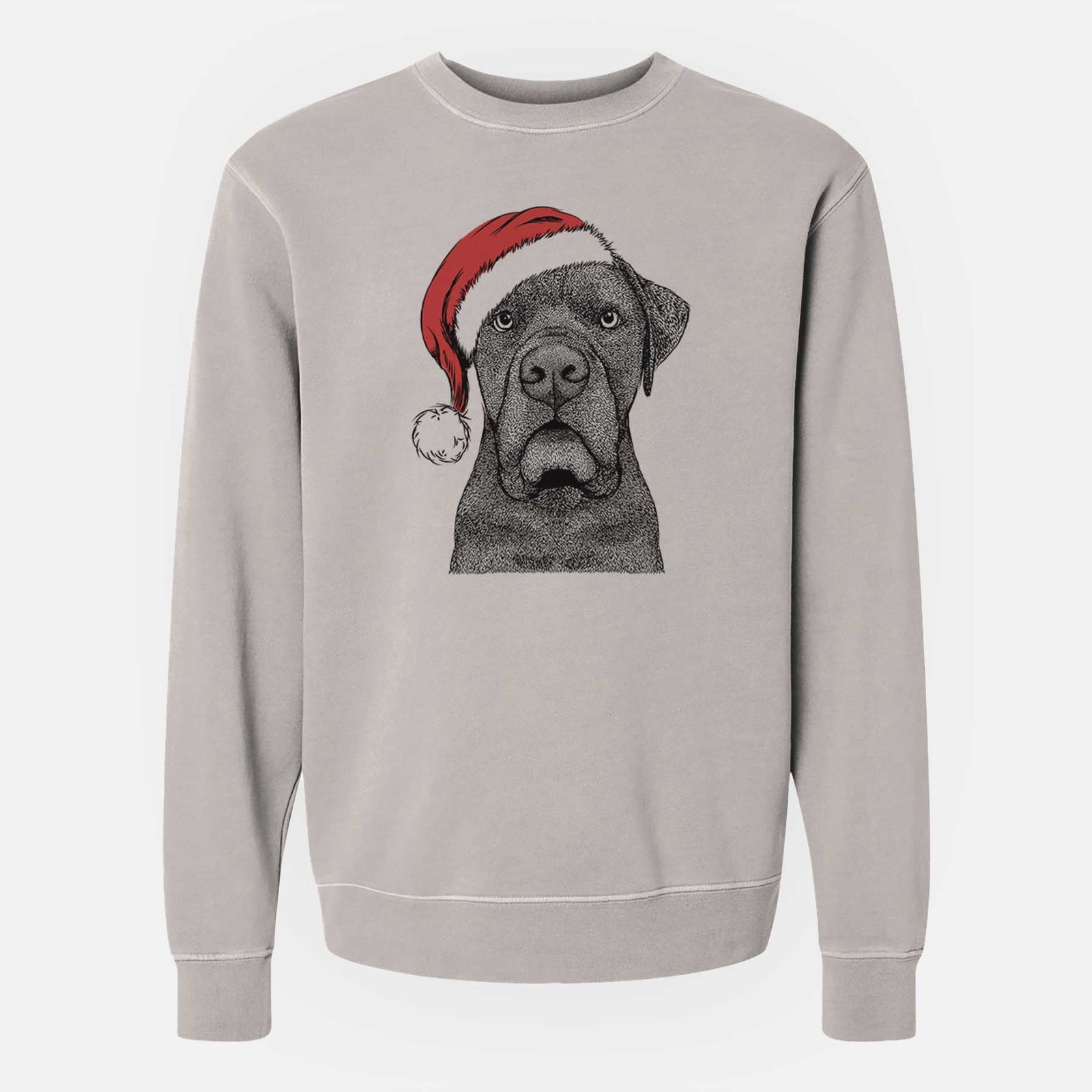 Hand-drawn sketch of Rocco the Cane Corso wearing a Santa hat on a Cement Unisex pigment dyed crew sweatshirt