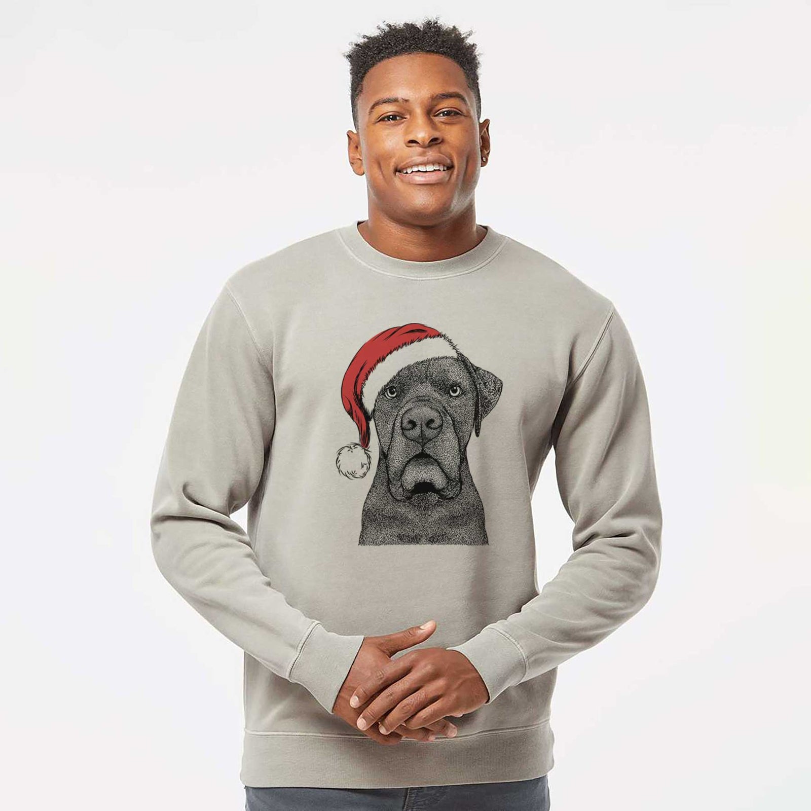 Hand-drawn sketch of Rocco the Cane Corso wearing a Santa hat on a Cement Unisex pigment dyed crew sweatshirt