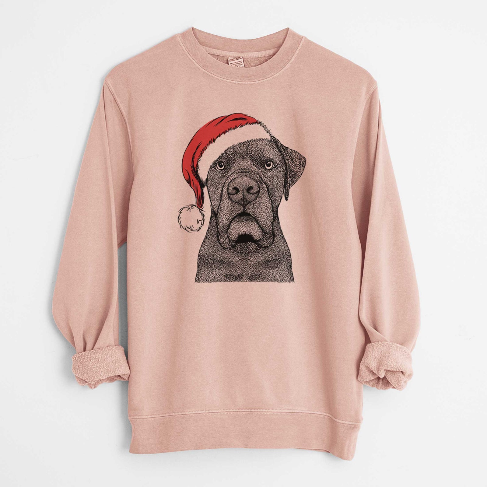 Hand-drawn sketch of Rocco the Cane Corso wearing a Santa hat on a Dusty Pink Unisex pigment dyed crew sweatshirt