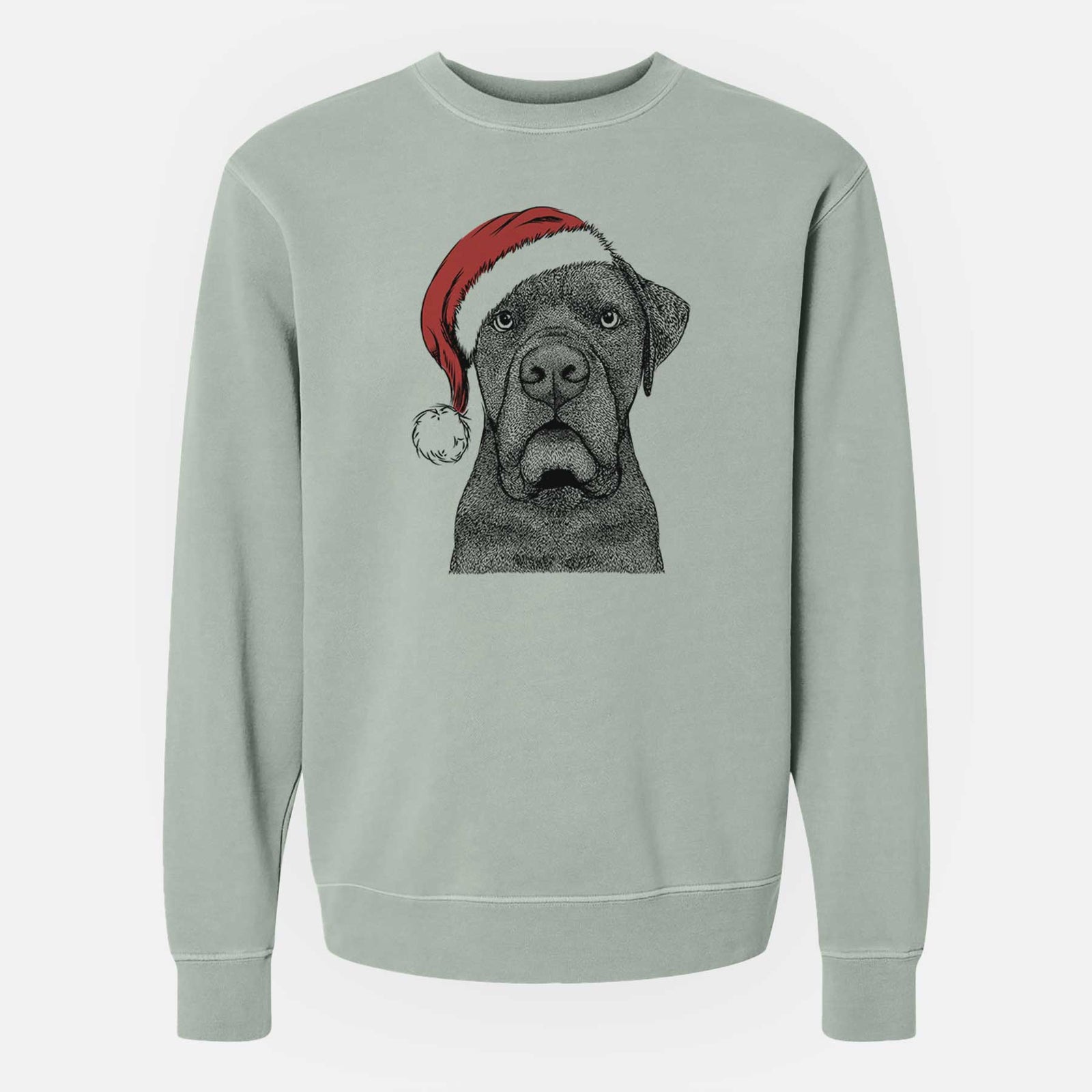 Hand-drawn sketch of Rocco the Cane Corso wearing a Santa hat on a Sage Unisex pigment dyed crew sweatshirt