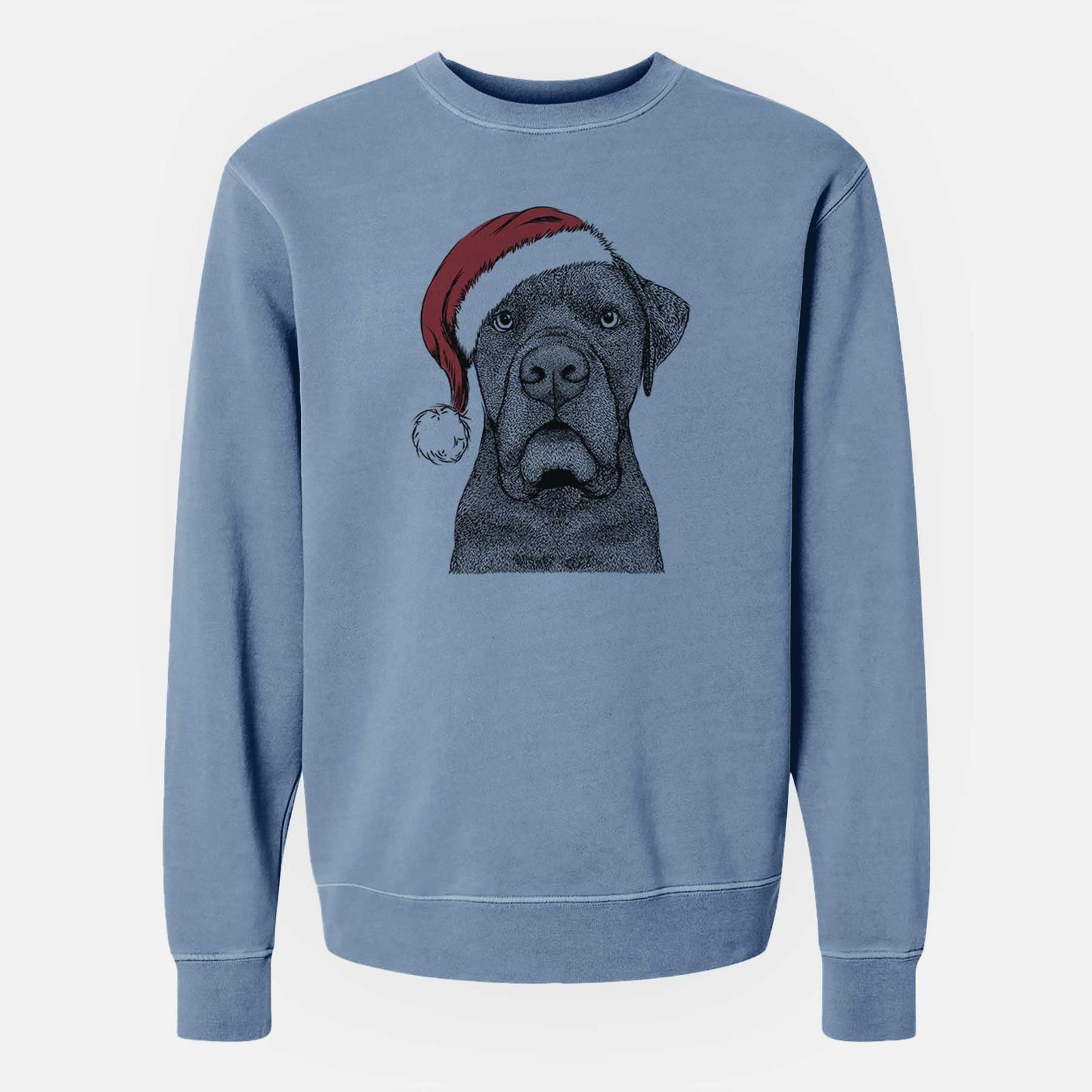 Hand-drawn sketch of Rocco the Cane Corso wearing a Santa hat on a Slate Blue Unisex pigment dyed crew sweatshirt