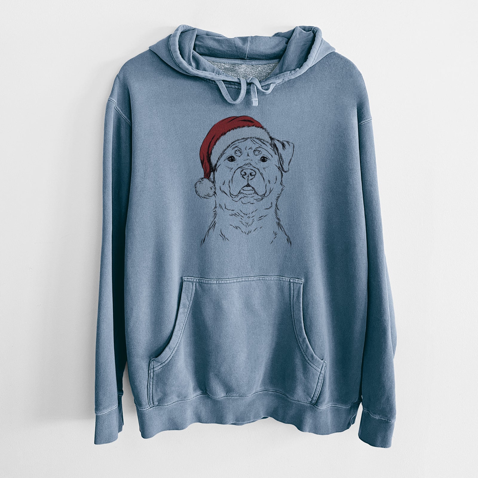 Hand-drawn sketch of Rocky the Rottweiler wearing a Santa hat on a Slate Blue Unisex pigment dyed hoodie