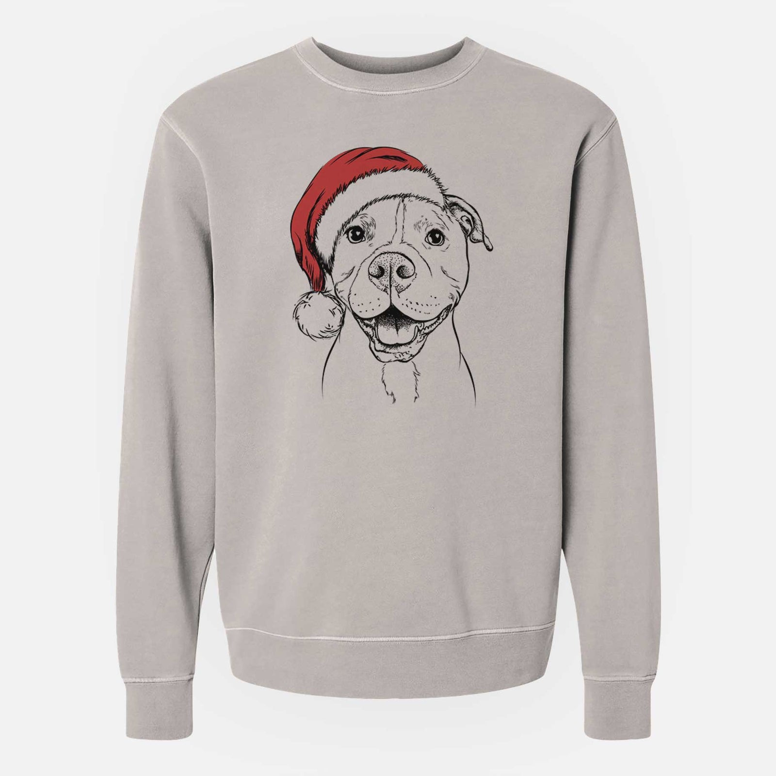 Hand-drawn sketch of Roscoe the Pitbull wearing a Santa hat on a Cement Unisex pigment dyed crew sweatshirt