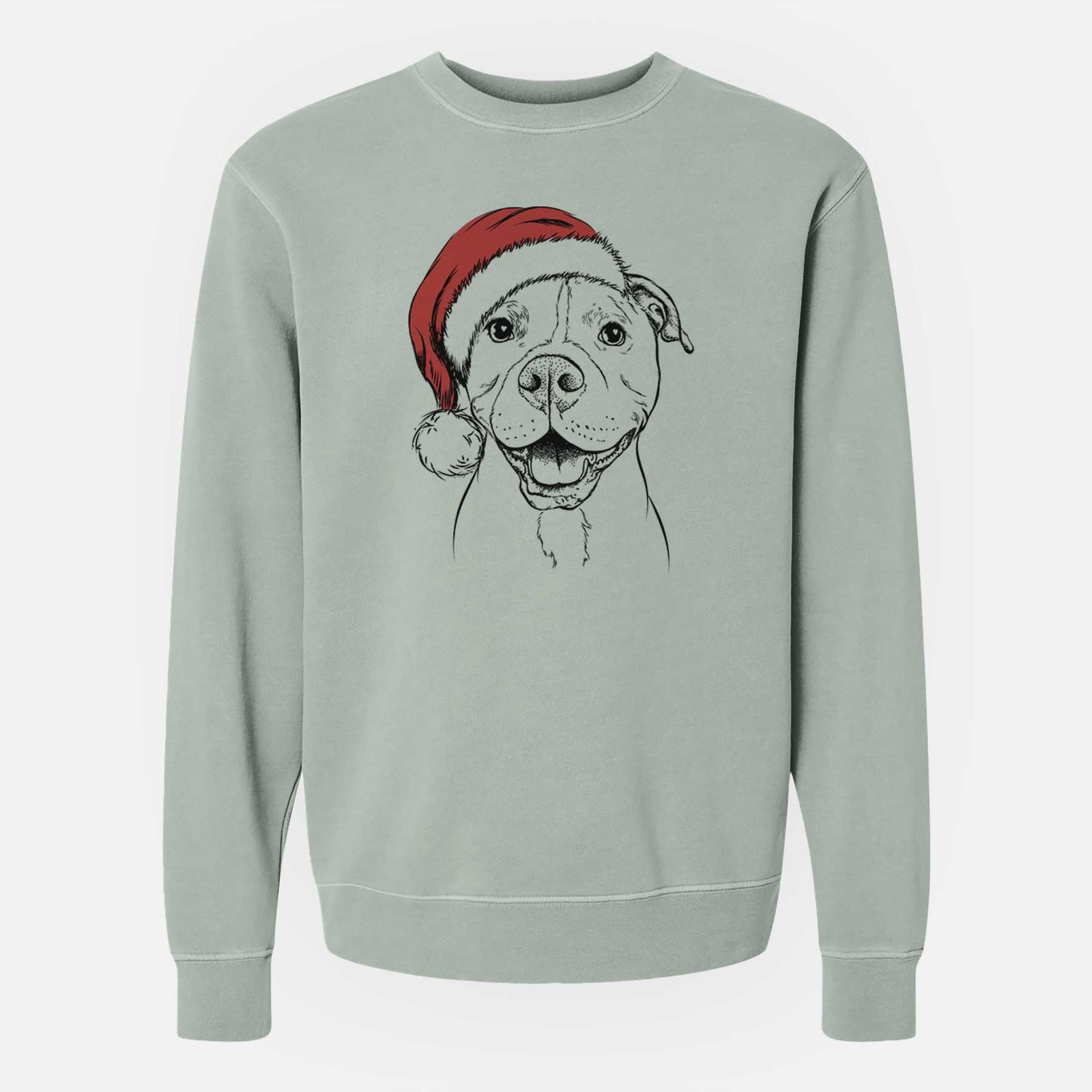 Hand-drawn sketch of Roscoe the Pitbull wearing a Santa hat on a Sage Unisex pigment dyed crew sweatshirt