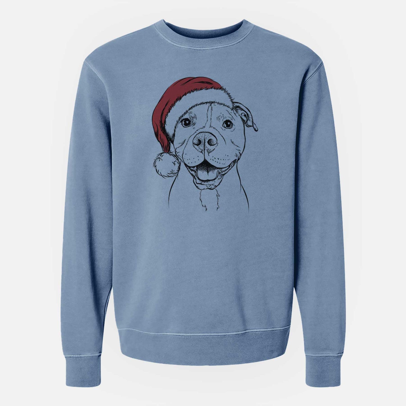 Hand-drawn sketch of Roscoe the Pitbull wearing a Santa hat on a Slate Blue Unisex pigment dyed crew sweatshirt