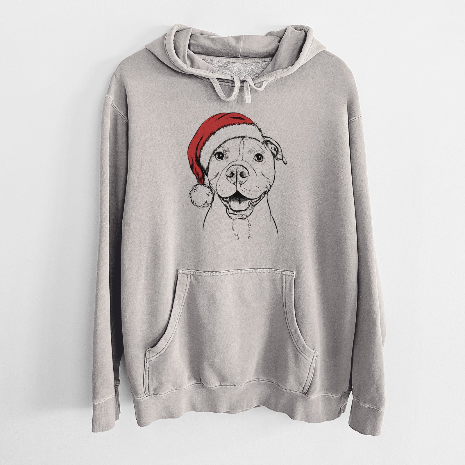 Hand-drawn sketch of Roscoe the Pitbull wearing a Santa hat on a Cement Unisex pigment dyed hoodie