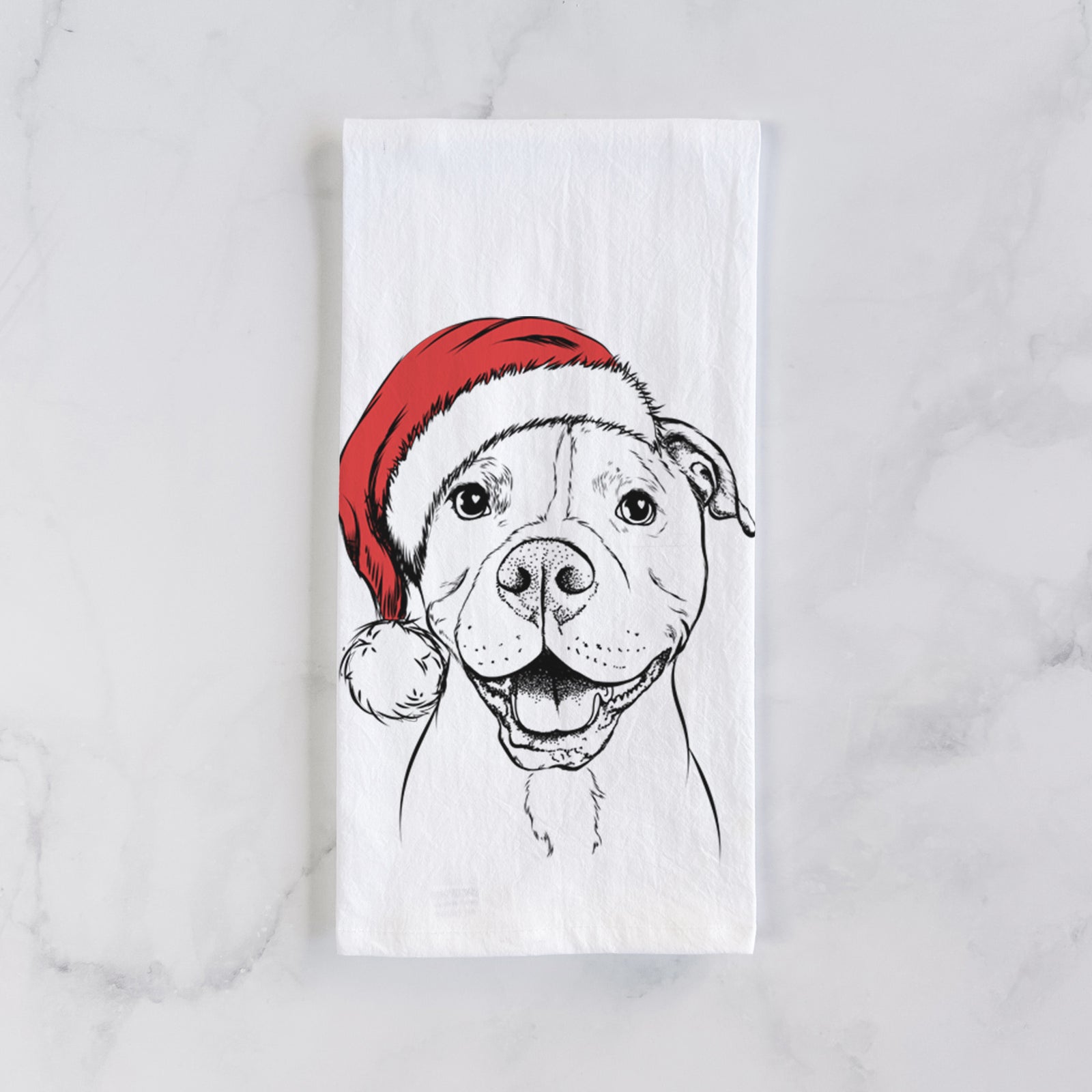 Hand-drawn sketch of Roscoe the Pitbull wearing a Santa hat on a tea towel