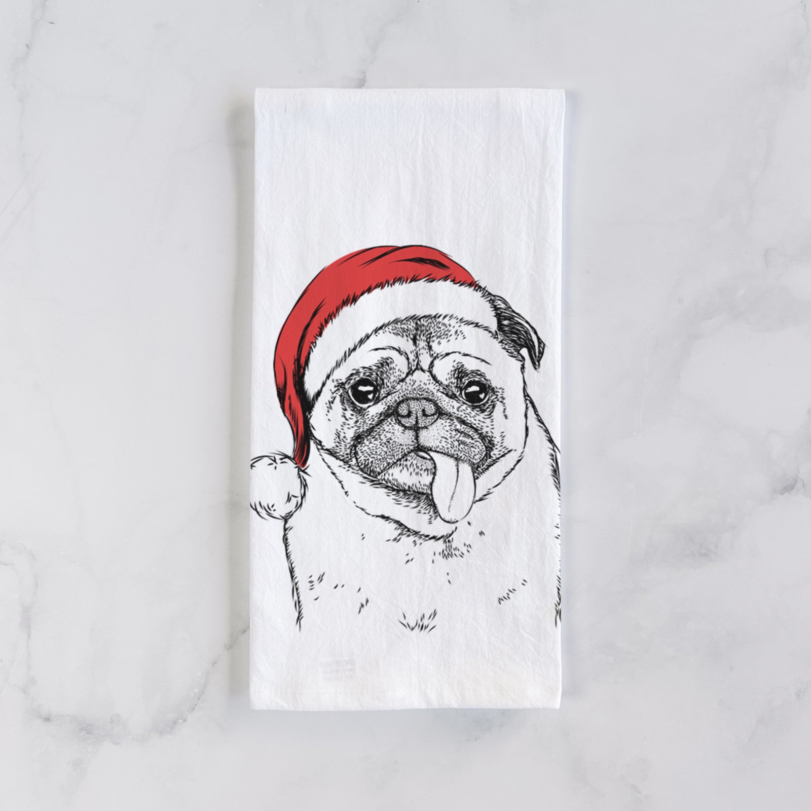 Hand-drawn sketch of Rosie the Pug wearing a Santa hat on a tea towel