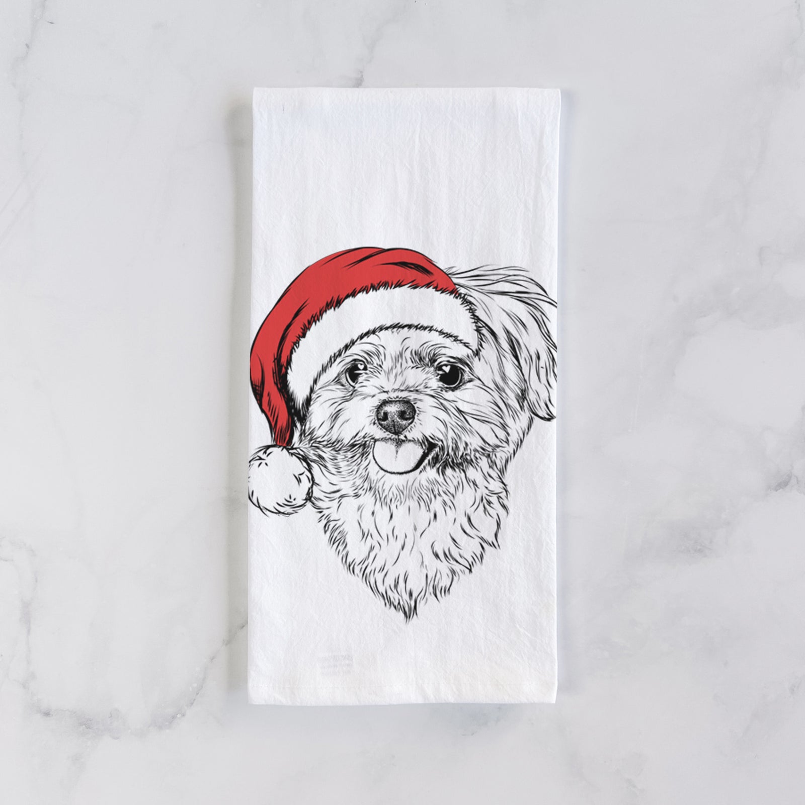 Hand-drawn sketch of Rosie the Maltipoo wearing a Santa hat on a tea towel