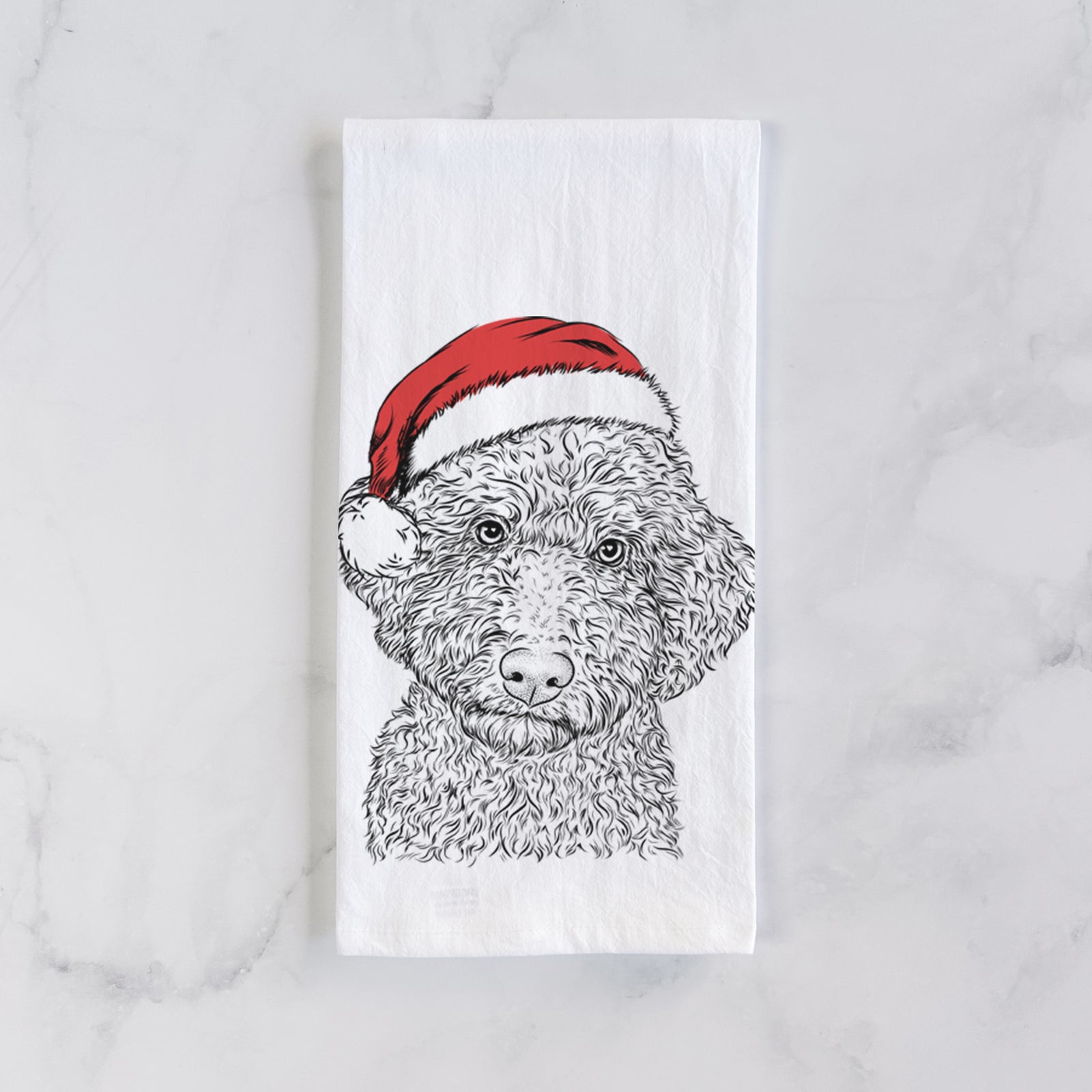 Hand-drawn sketch of Ross the Lagotto Romagnolo wearing a Santa hat on a tea towel