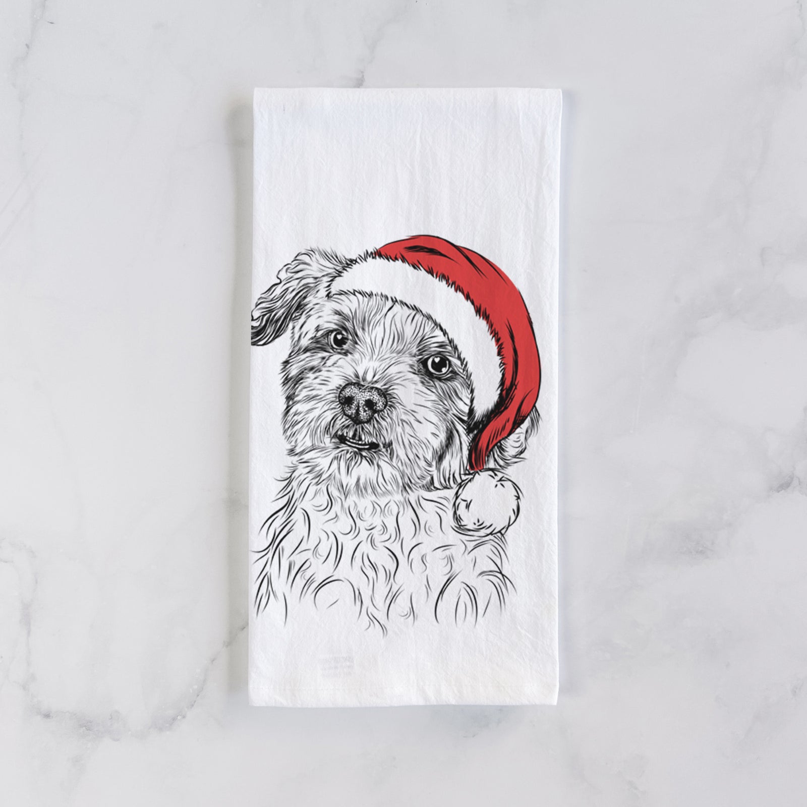 Hand-drawn sketch of Roxie the Schnauzer Shih Tzu Mix wearing a Santa hat on a tea towel