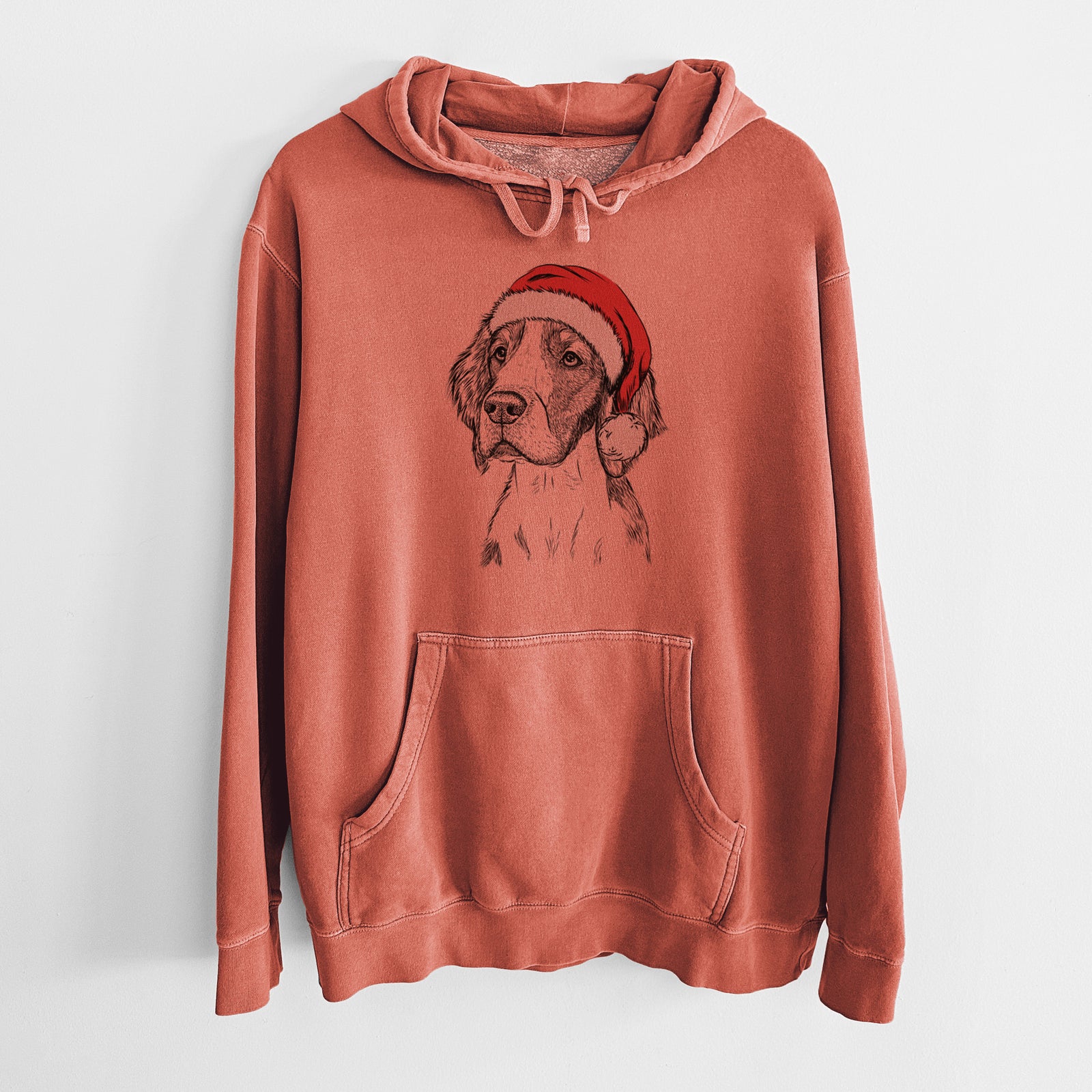 Hand-drawn sketch of Roxy the Welsh Springer Spaniel wearing a Santa hat on an Amber Unisex pigment dyed hoodie