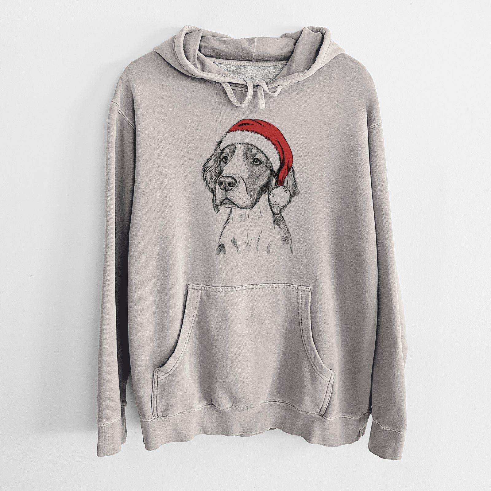 Hand-drawn sketch of Roxy the Welsh Springer Spaniel wearing a Santa hat on a Cement Unisex pigment dyed hoodie