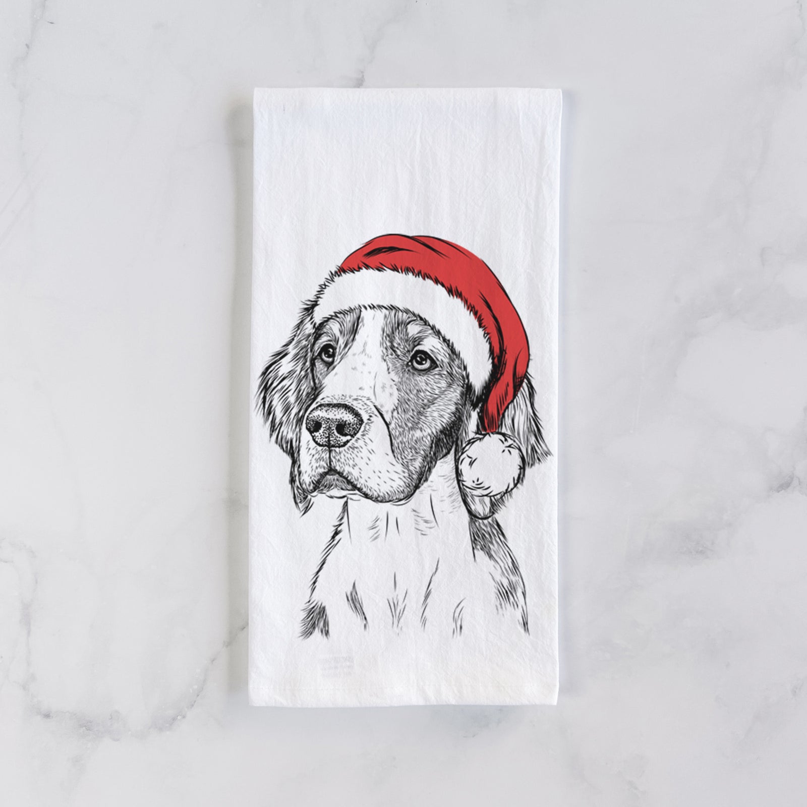 Hand-drawn sketch of Roxy the Welsh Springer Spaniel wearing a Santa hat on a tea towel