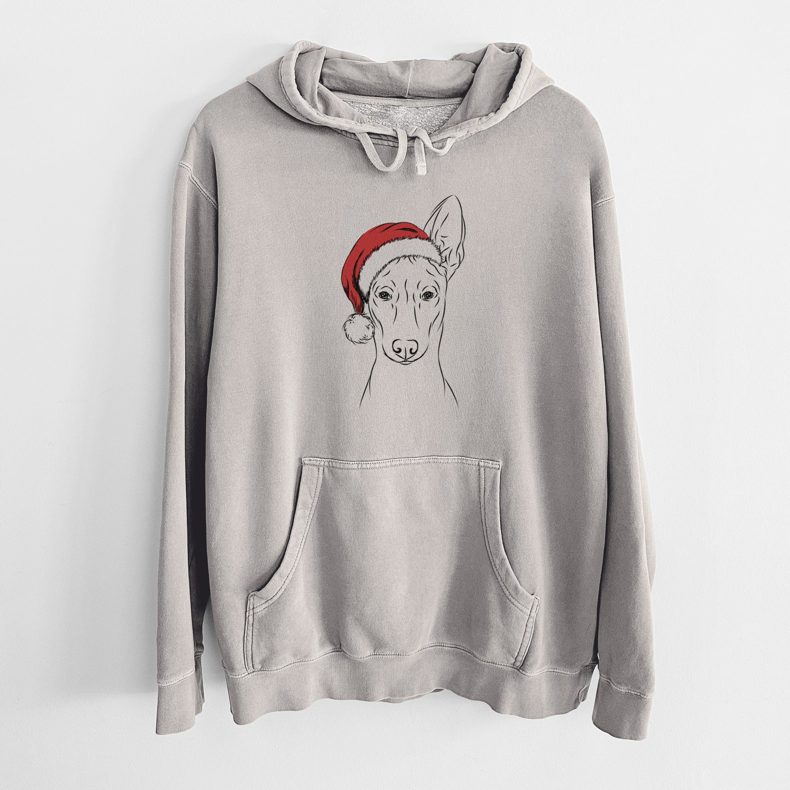 Hand-drawn sketch of Ruadh the Pharaoh Hound wearing a Santa hat on a Cement Unisex pigment dyed hoodie