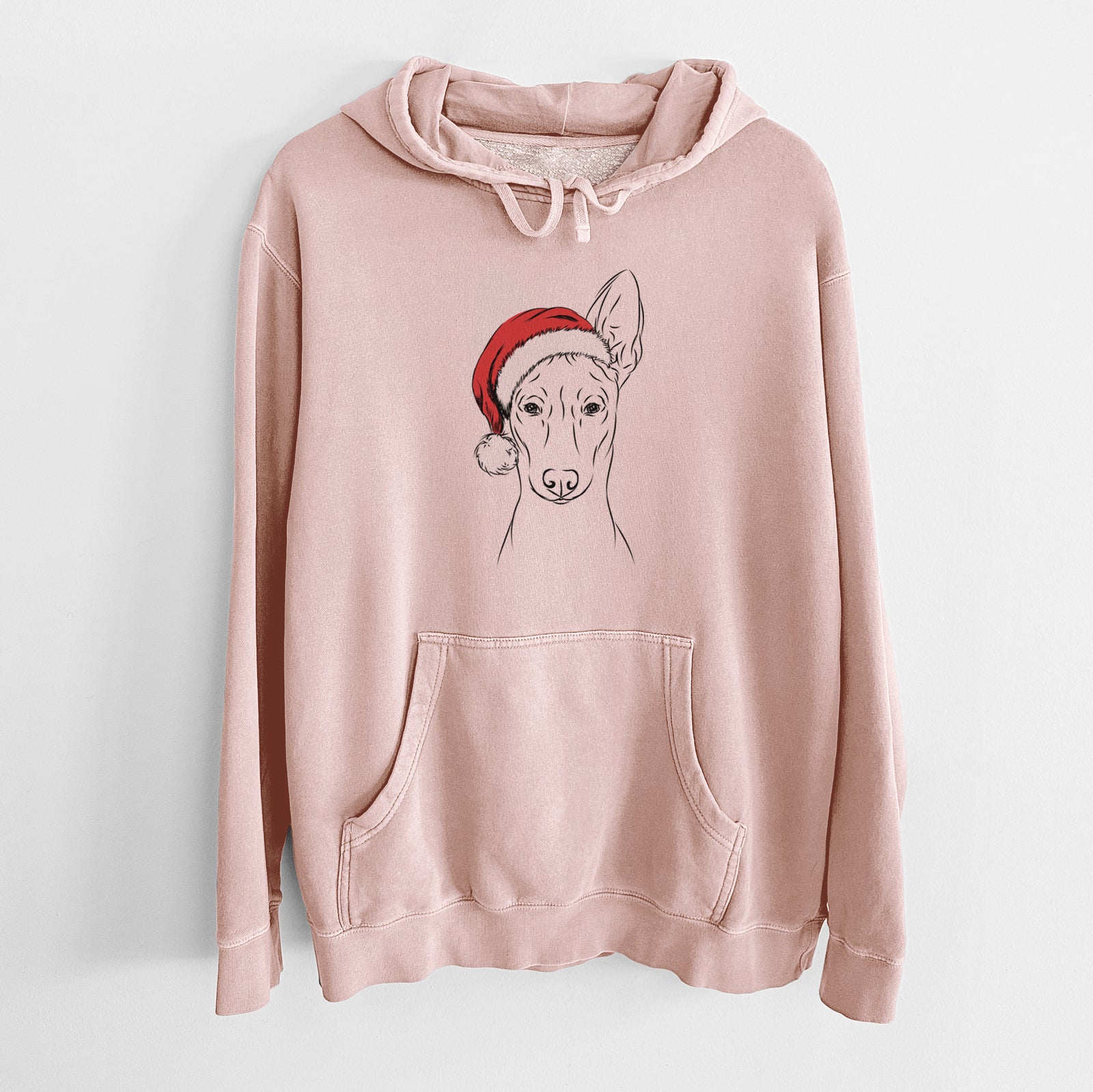 Hand-drawn sketch of Ruadh the Pharaoh Hound wearing a Santa hat on a Dusty Pink Unisex pigment dyed hoodie