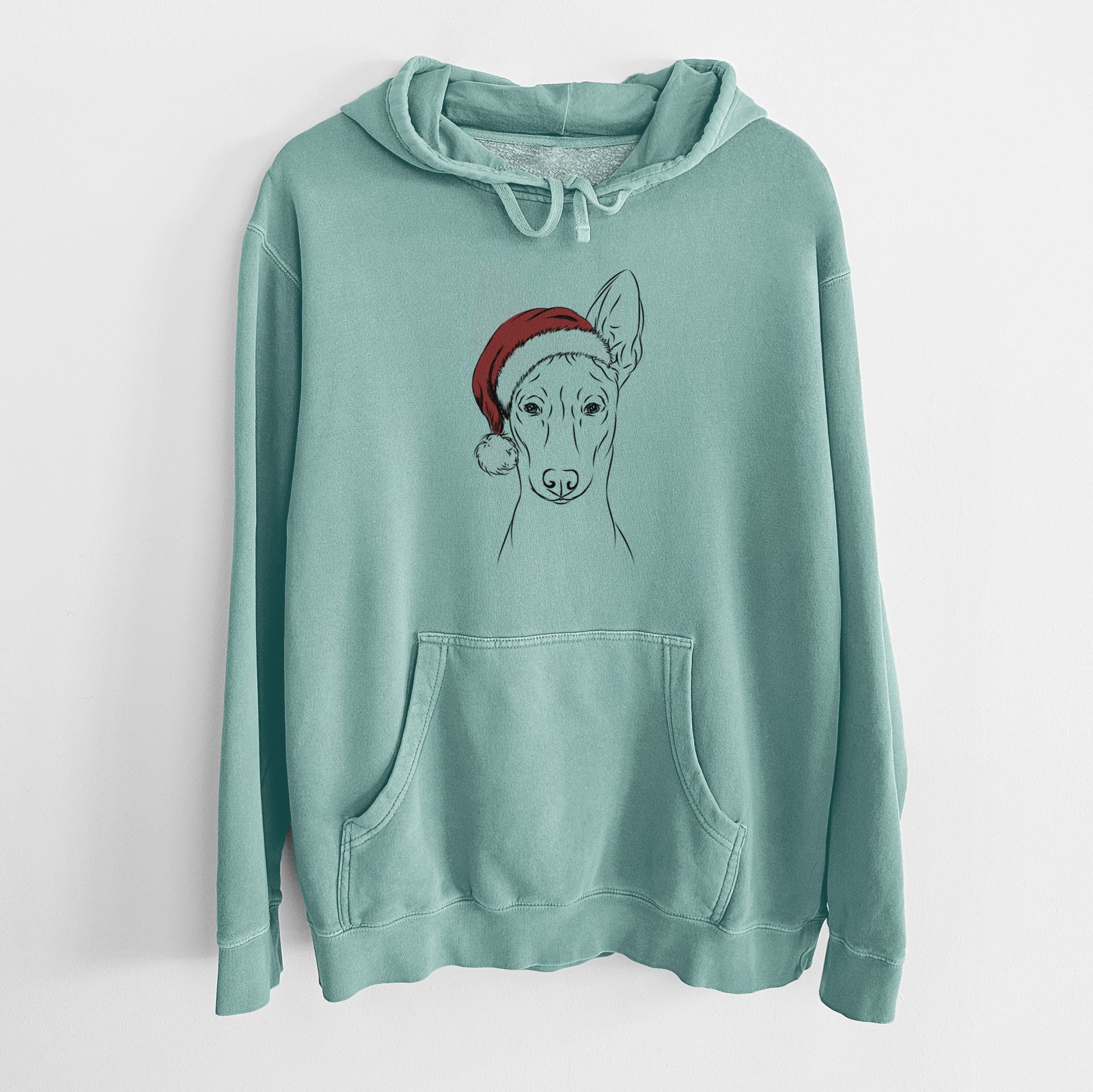 Hand-drawn sketch of Ruadh the Pharaoh Hound wearing a Santa hat on a Mint Unisex pigment dyed hoodie