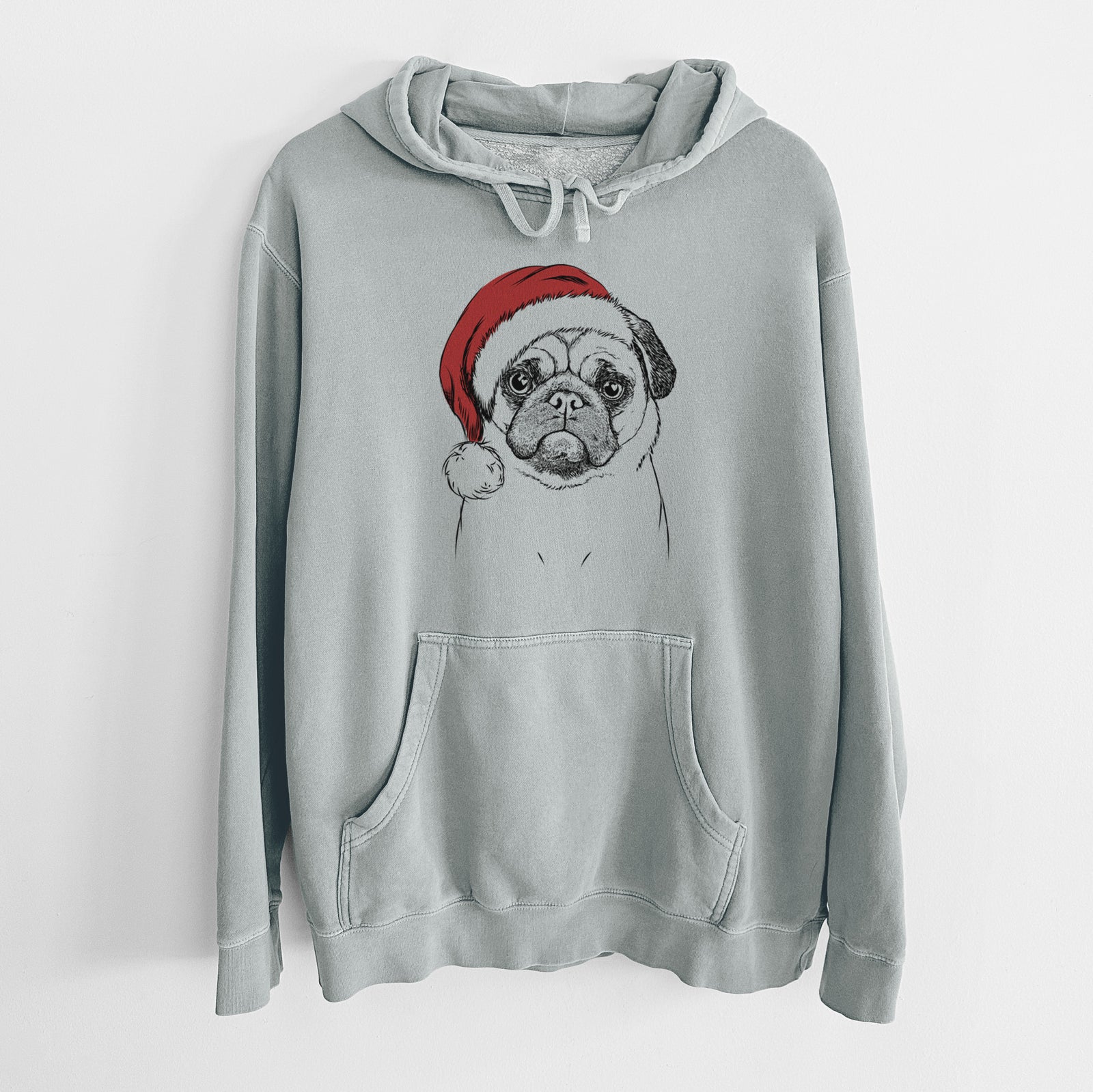 Hand-drawn sketch of Ruby the Pug wearing a Santa hat on a Sage Unisex pigment dyed hoodie