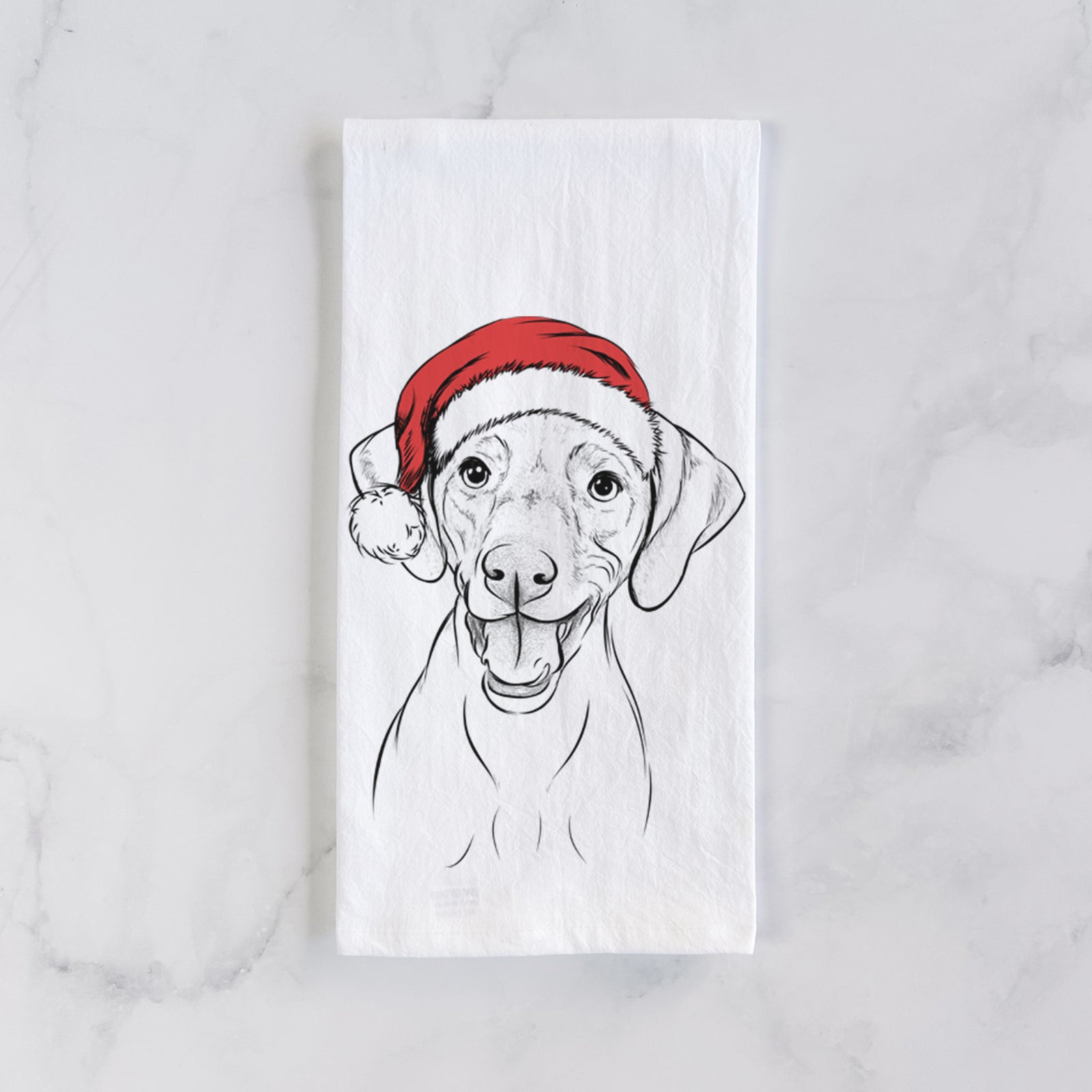 Hand-drawn sketch of Ruby the Vizsla wearing a Santa hat on a tea towel