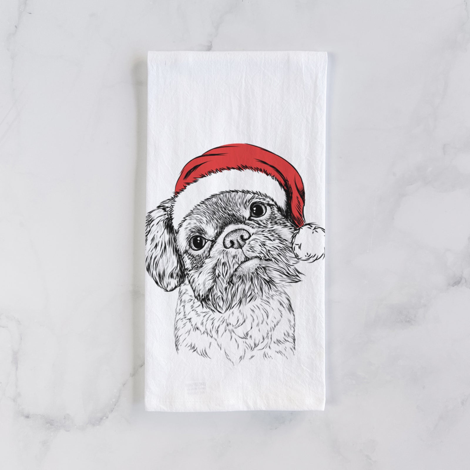 Hand-drawn sketch of Rufus the Shiffon wearing a Santa hat on a tea towel