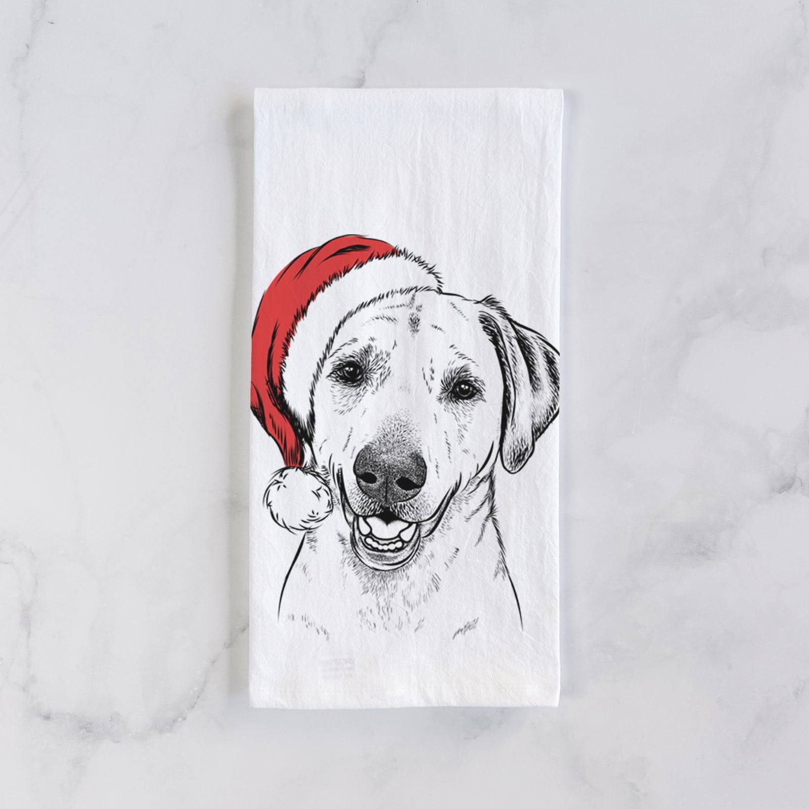 Hand-drawn sketch of Rusty the Labrador Retriever wearing a Santa hat on a tea towel