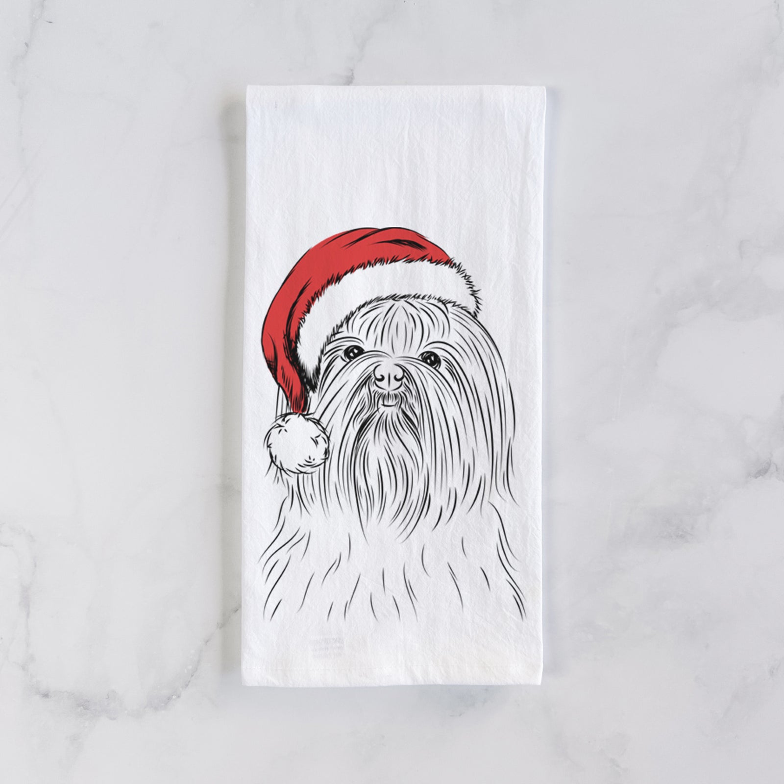 Hand-drawn sketch of Sabine the Shih Tzu wearing a Santa hat on a tea towel