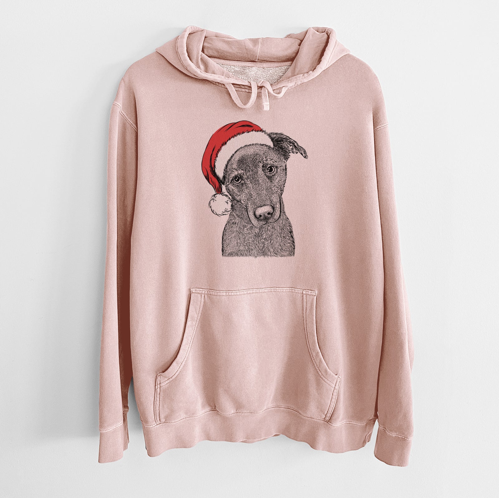 Hand-drawn sketch of Sadie the Whipador wearing a Santa hat on a Dusty Pink Unisex pigment dyed hoodie