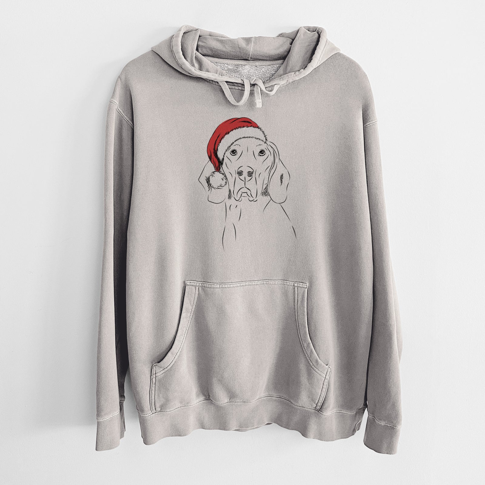 Hand-drawn sketch of Sagan the Coonhound wearing a Santa hat on a Cement Unisex pigment dyed hoodie