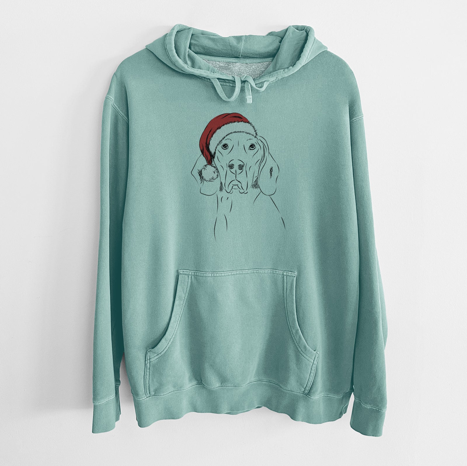 Hand-drawn sketch of Sagan the Coonhound wearing a Santa hat on a Mint Unisex pigment dyed hoodie