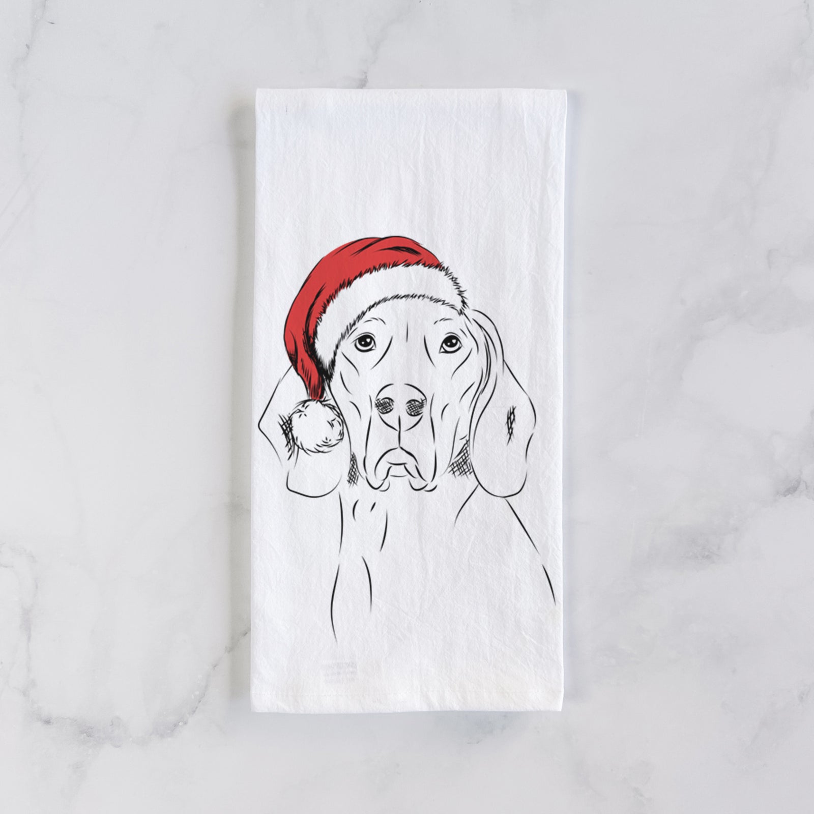 Hand-drawn sketch of Sagan the Coonhound wearing a Santa hat on a tea towel