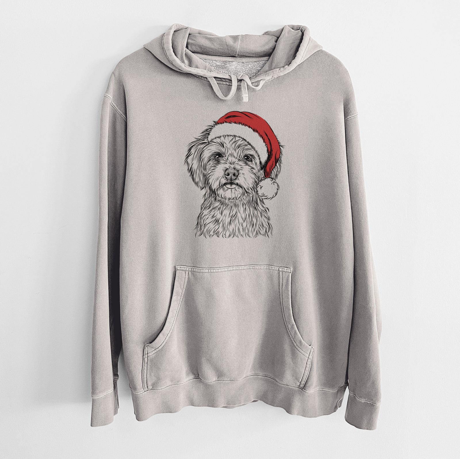 Hand-drawn sketch of Sammy the Shorkie wearing a Santa hat on a Cement Unisex pigment dyed hoodie