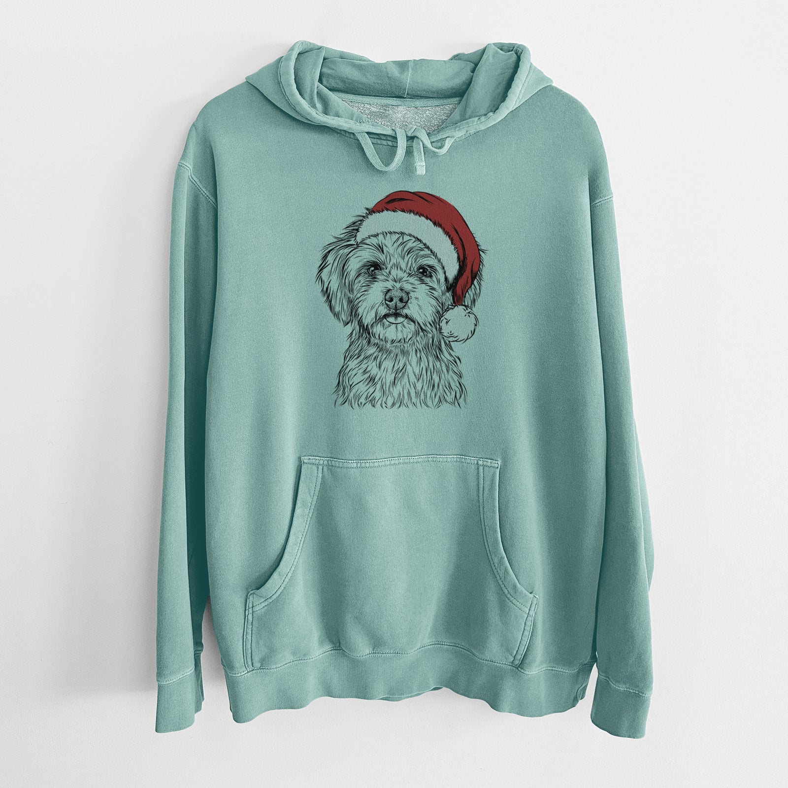 Hand-drawn sketch of Sammy the Shorkie wearing a Santa hat on a Mint Unisex pigment dyed hoodie